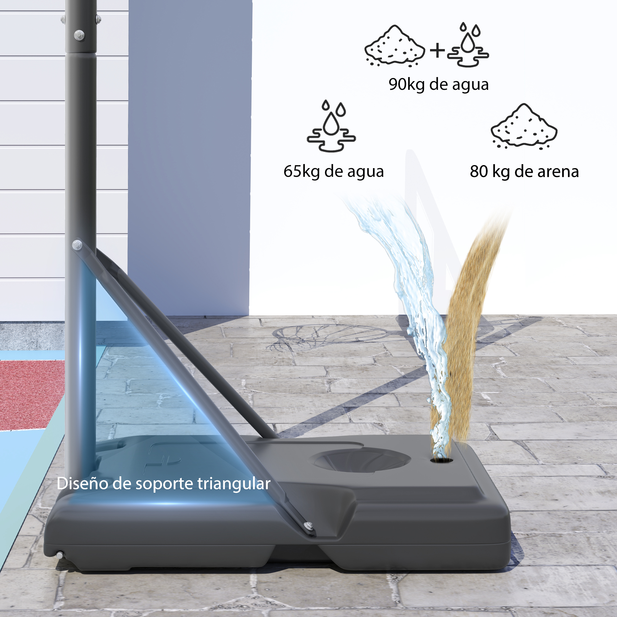 La base de un soporte de baloncesto se llena de agua y arena. Diseño triangular.