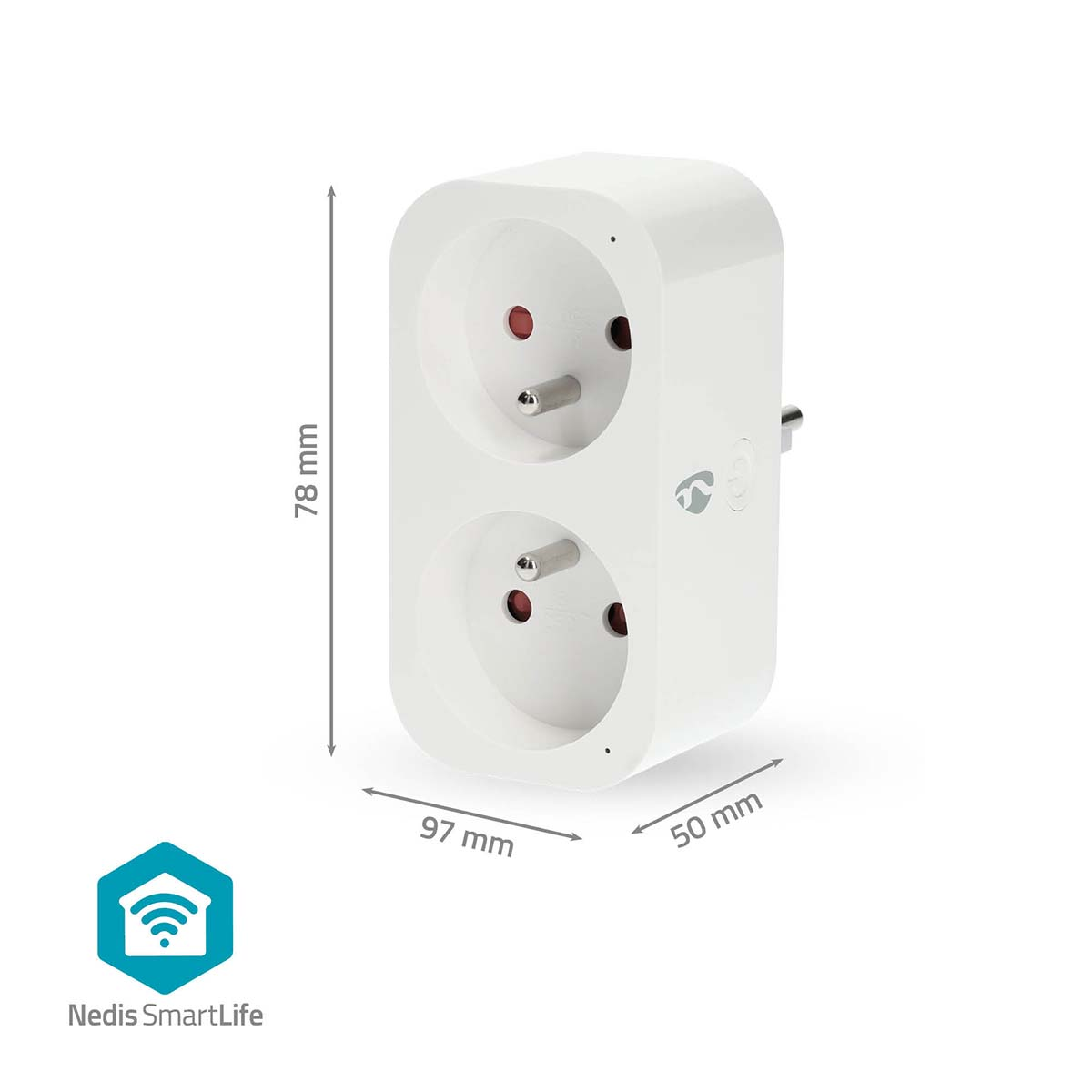 Doppia presa bianca con dimensioni 78x97x50mm e logo Nedis SmartLife.