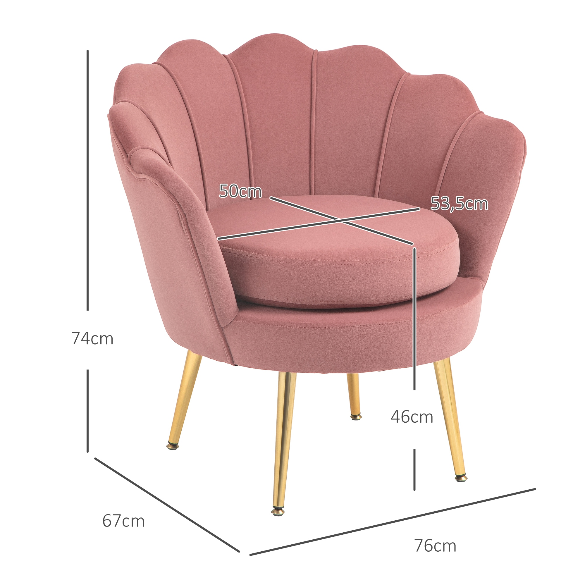 Un sillón rosa con forma de concha y patas doradas.