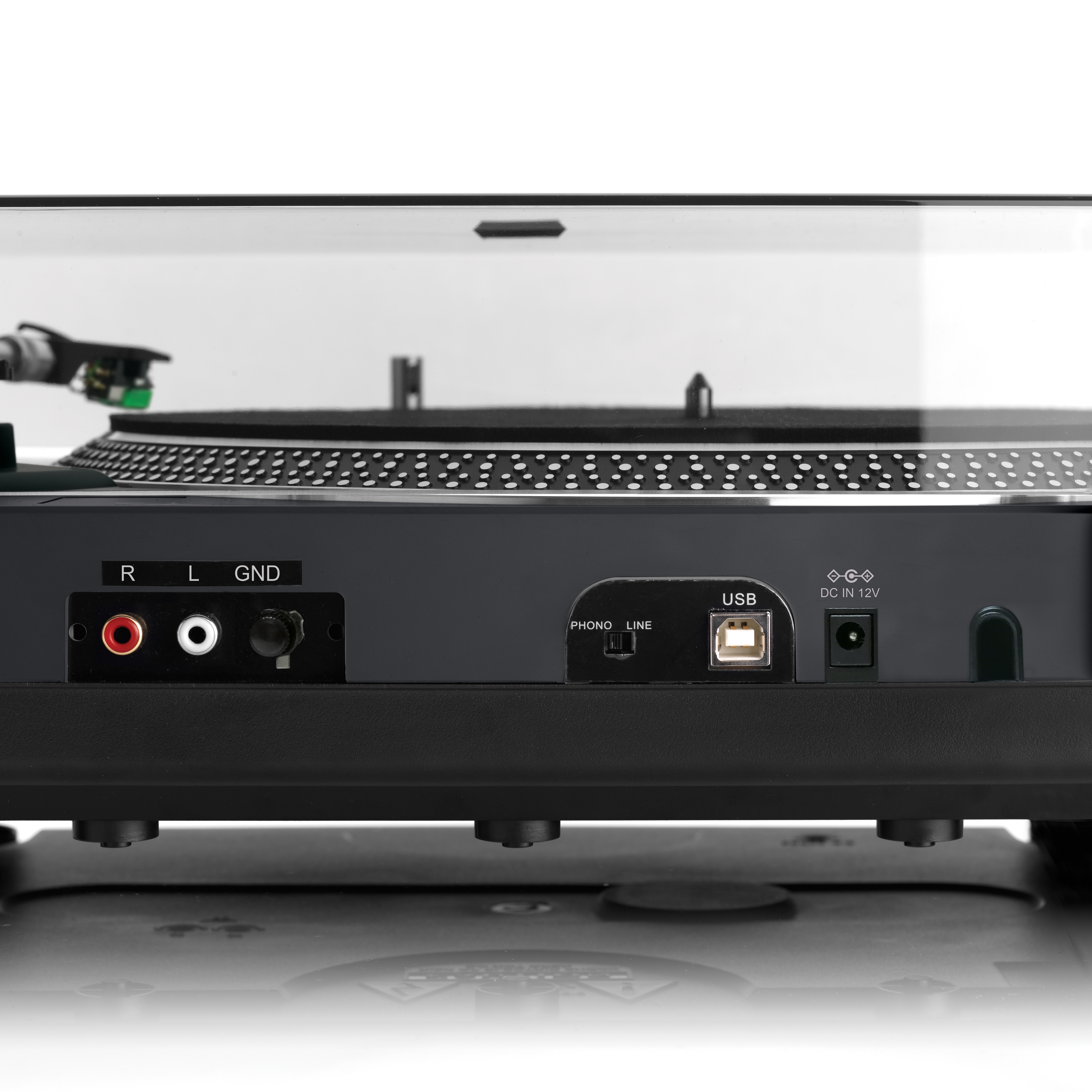 Achterkant van een draaitafel met poorten: R, L, GND, USB en 12V DC ingang.