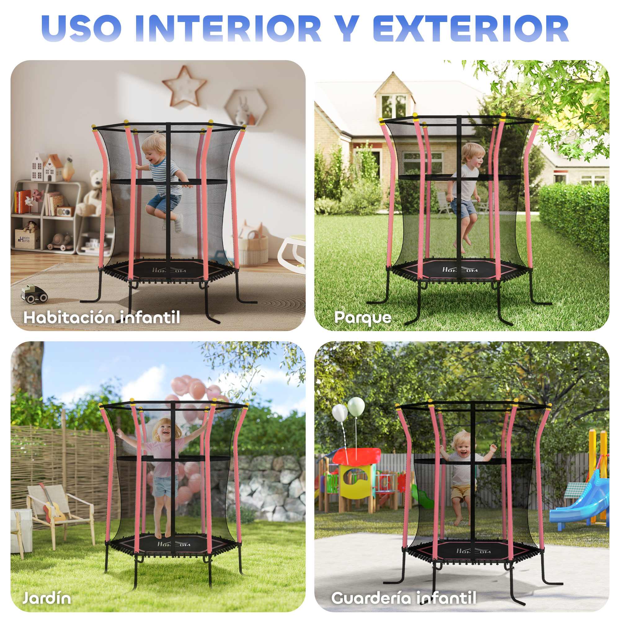 Cuatro escenas muestran un trampolín con niños, en interiores y exteriores.