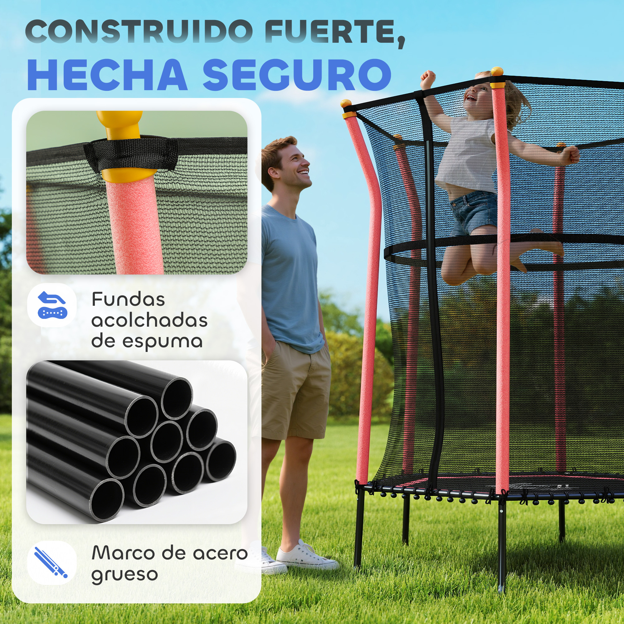 Un hombre mira a un niño saltar en un trampolín con red de seguridad.