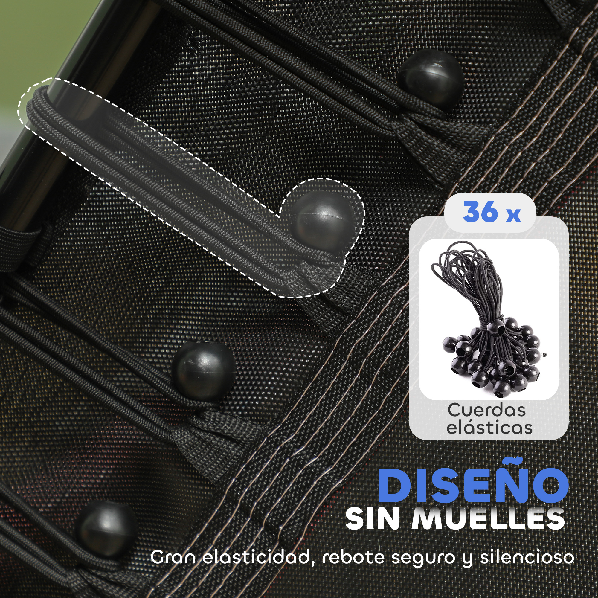 Cuerdas elásticas negras con bolas sobre malla negra, 36 unidades.