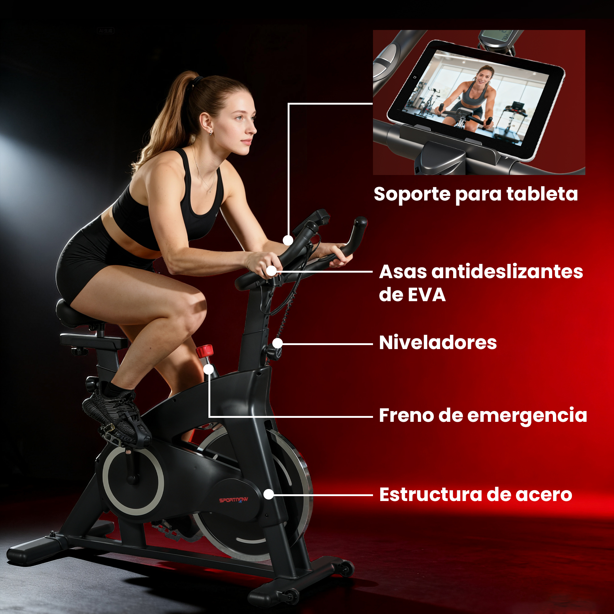 Una mujer en una bicicleta estática con etiquetas para soporte de tableta, agarres, niveladores, freno de emergencia y marco de acero.