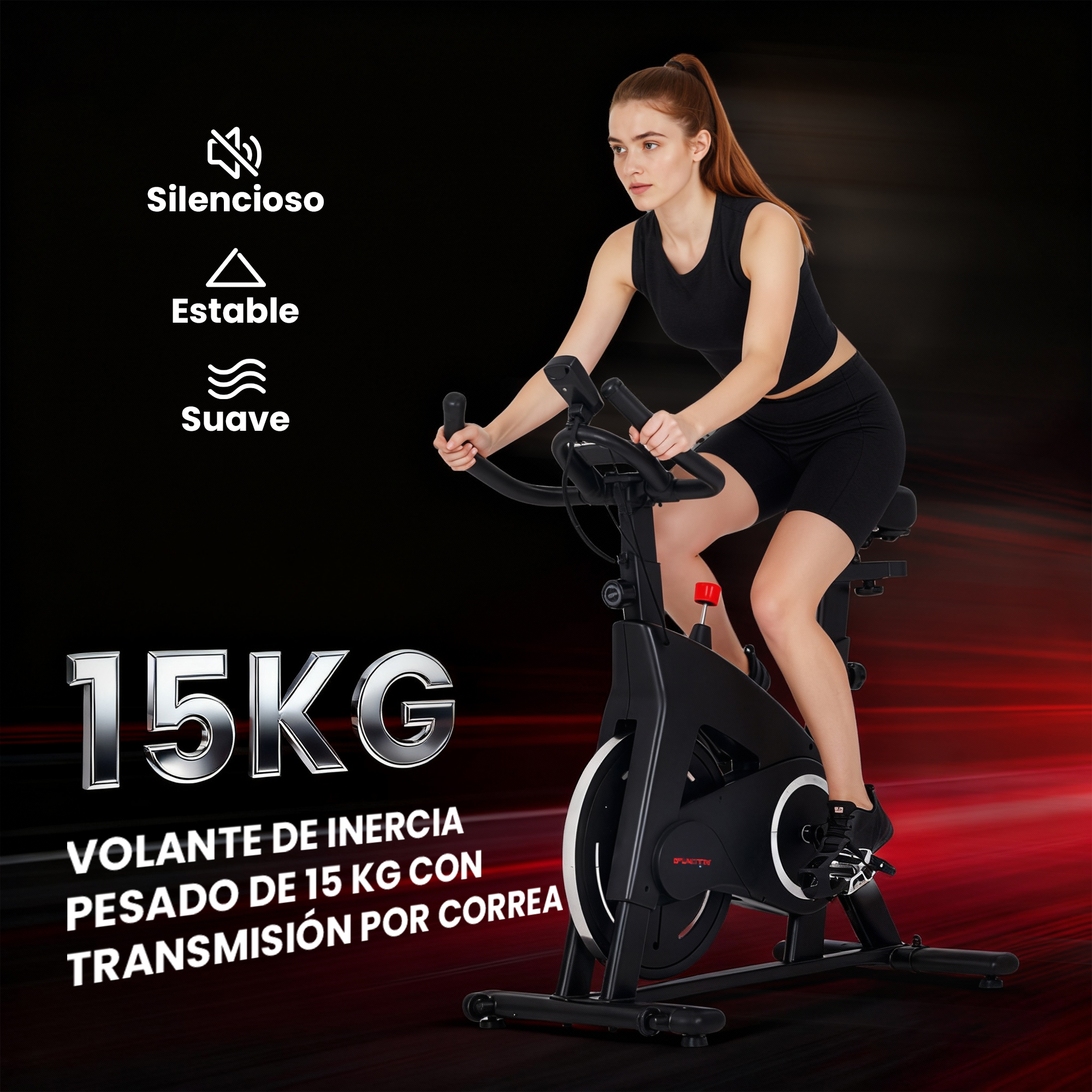 Una mujer en una bicicleta estática negra sobre fondo oscuro con rayas rojas.
