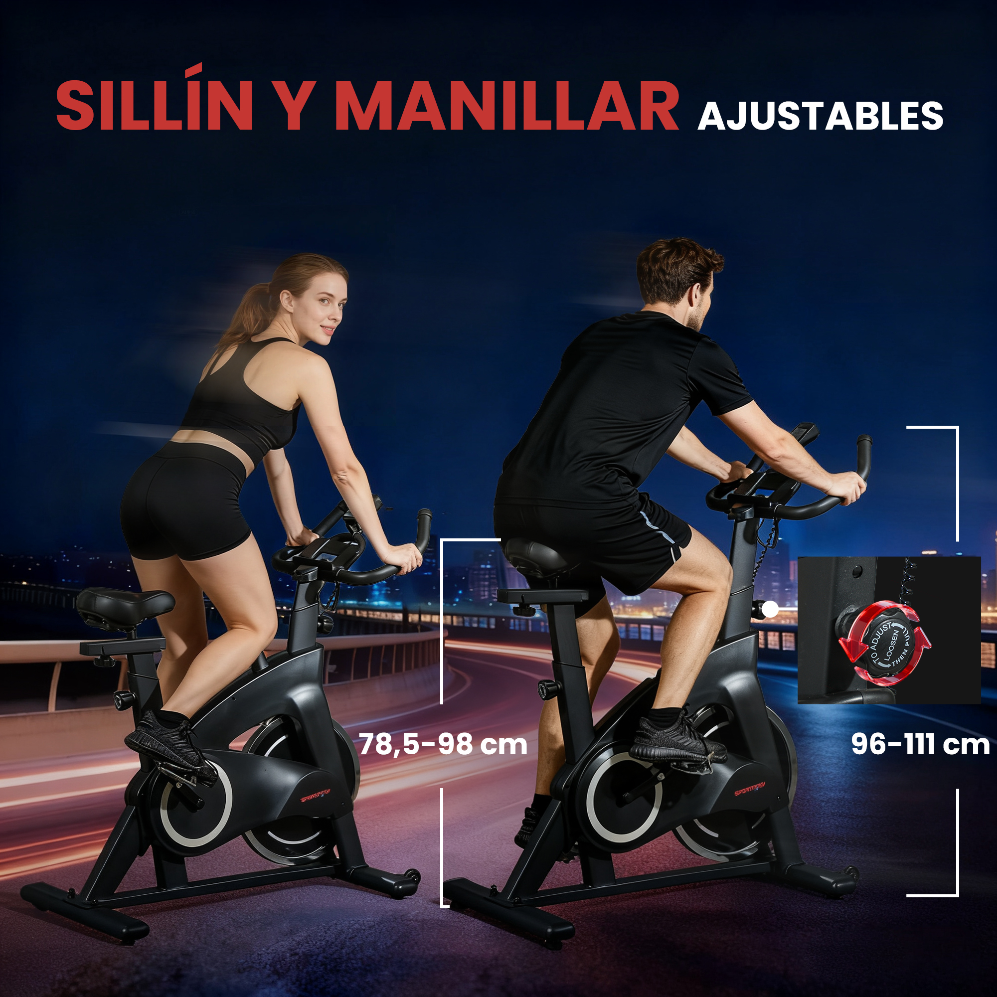 Hombre y mujer en bicicletas estáticas. Alturas de asiento 78.5-98 cm y 96-111 cm.