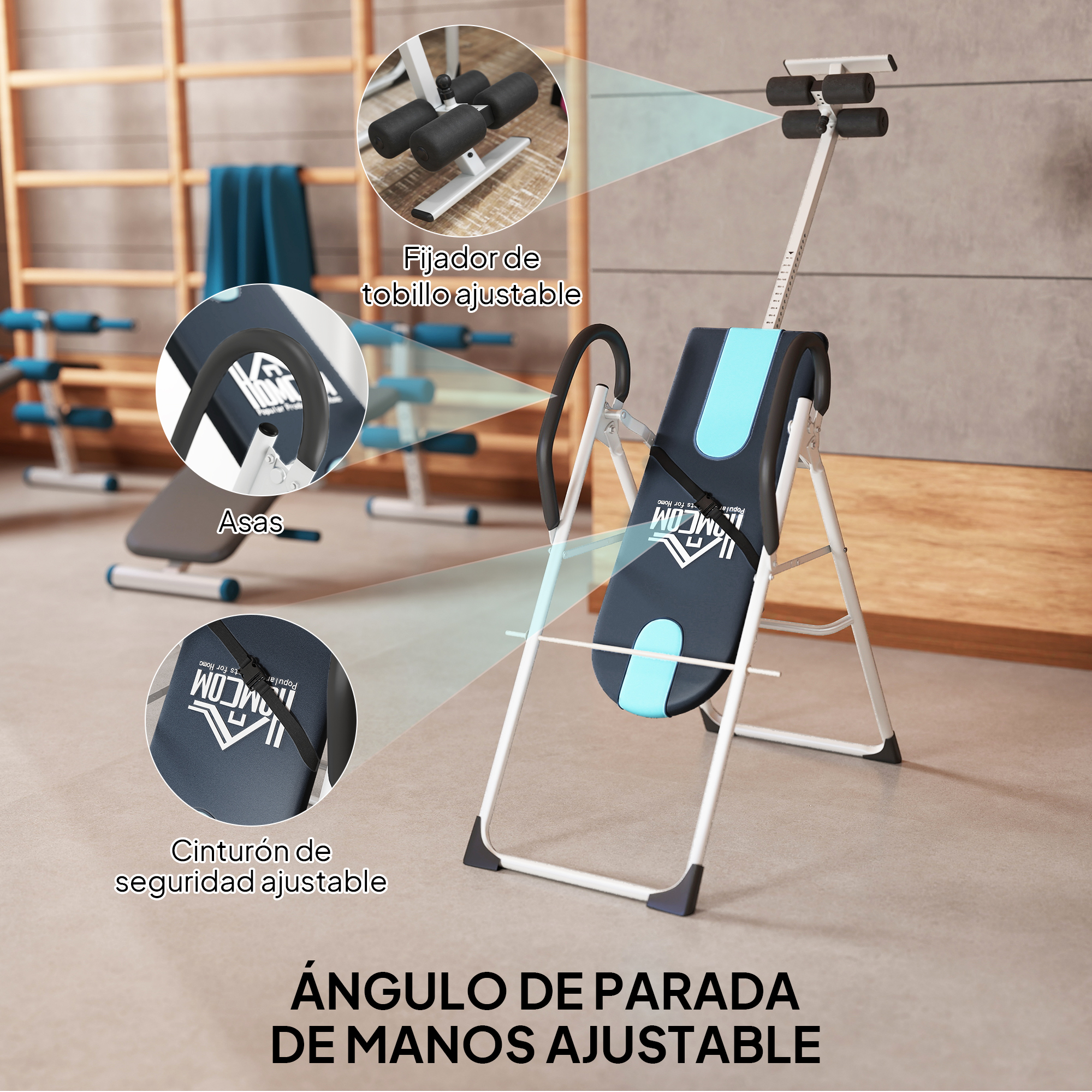 Una máquina de fitness con fijador de tobillo, asas y cinturón de seguridad.