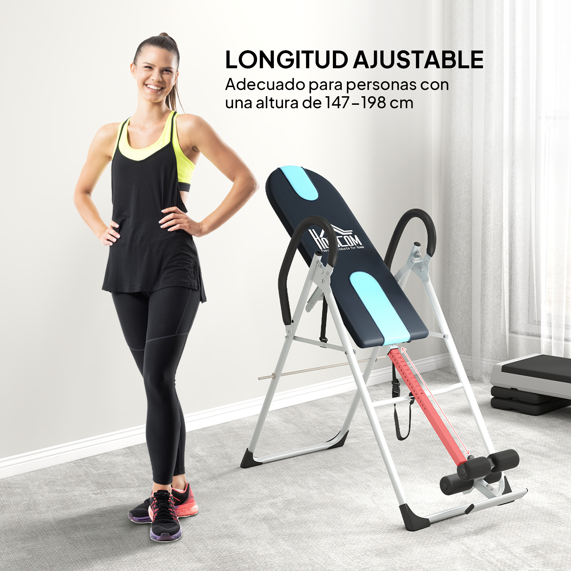 Mujer junto a una mesa de inversión, ajustable para alturas 147-198 cm.