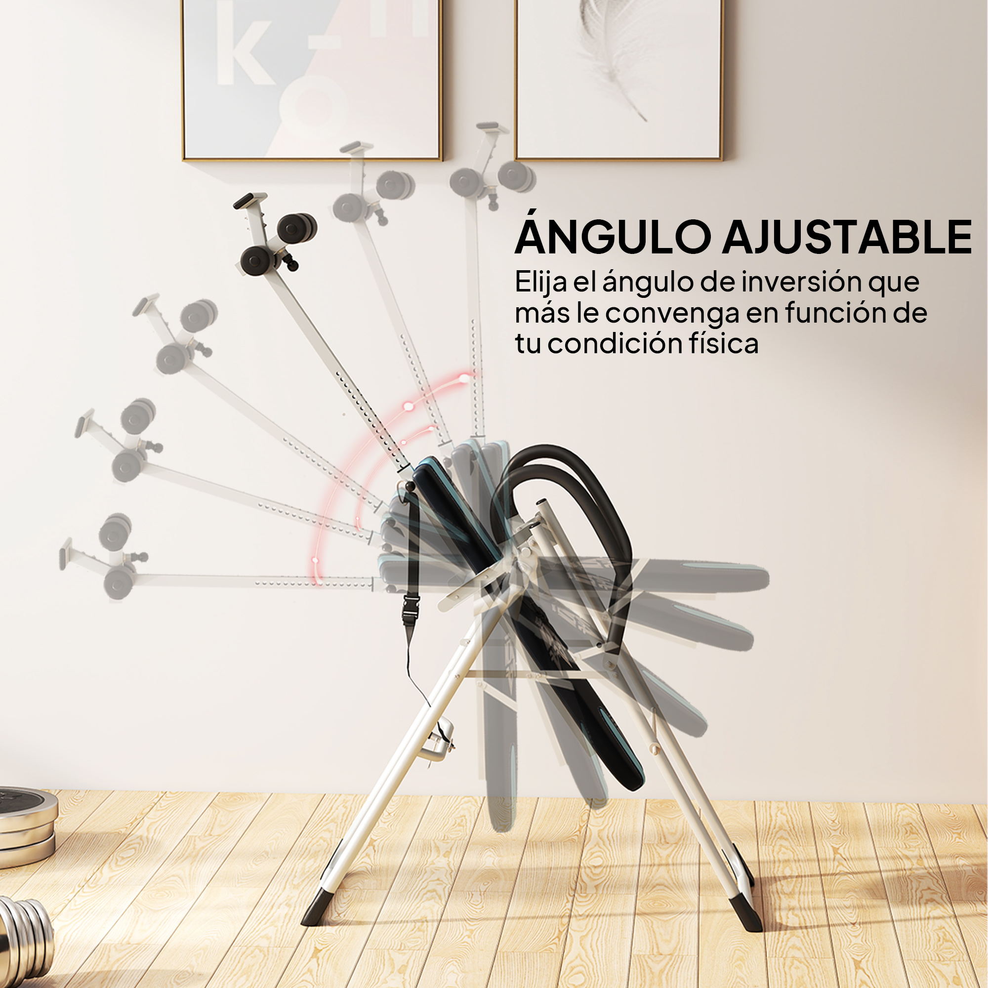 Una máquina de inversión ajustable sobre suelo de madera frente a pared con cuadros.