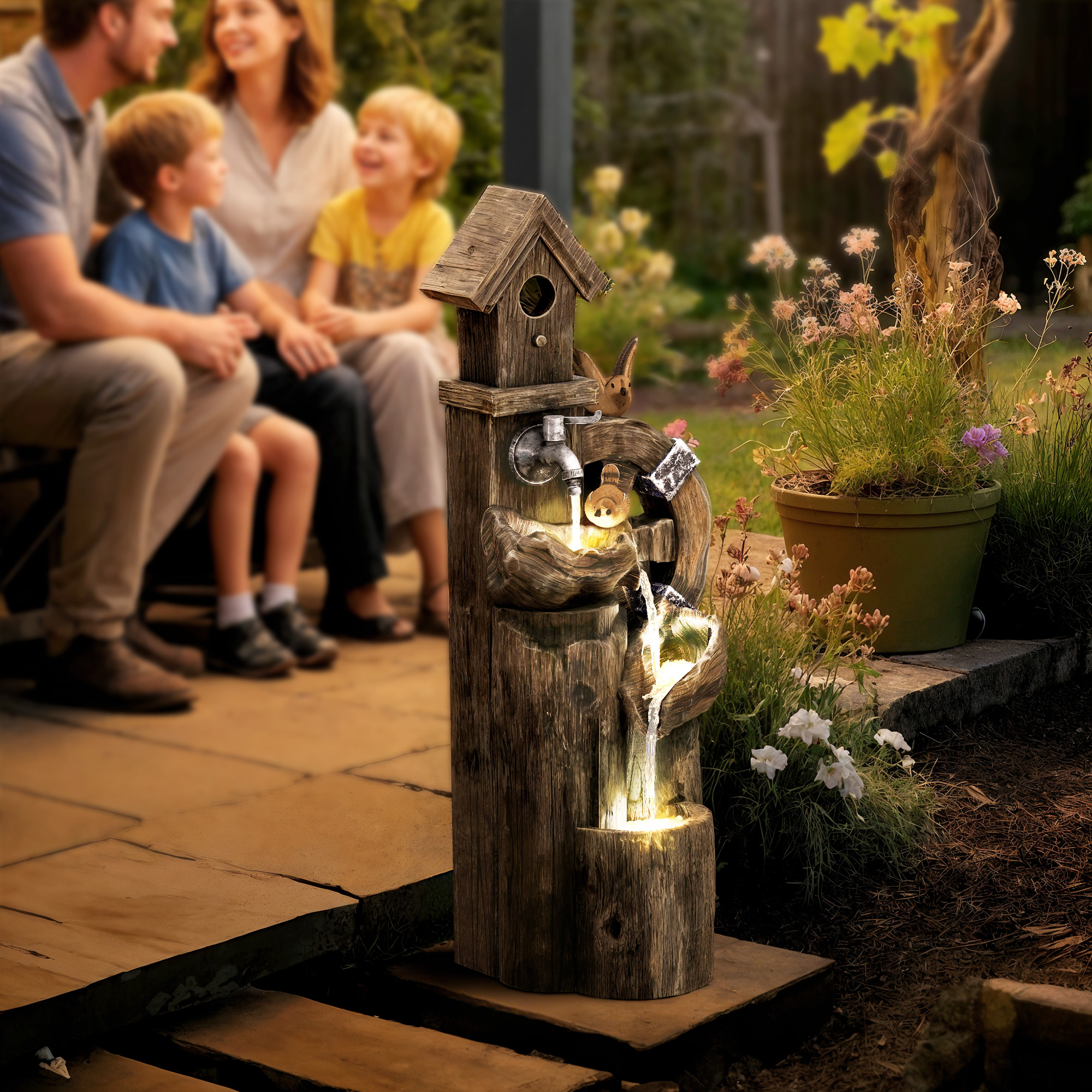 Fuente de madera con casa de pájaros y conejo, familia sentada al fondo.