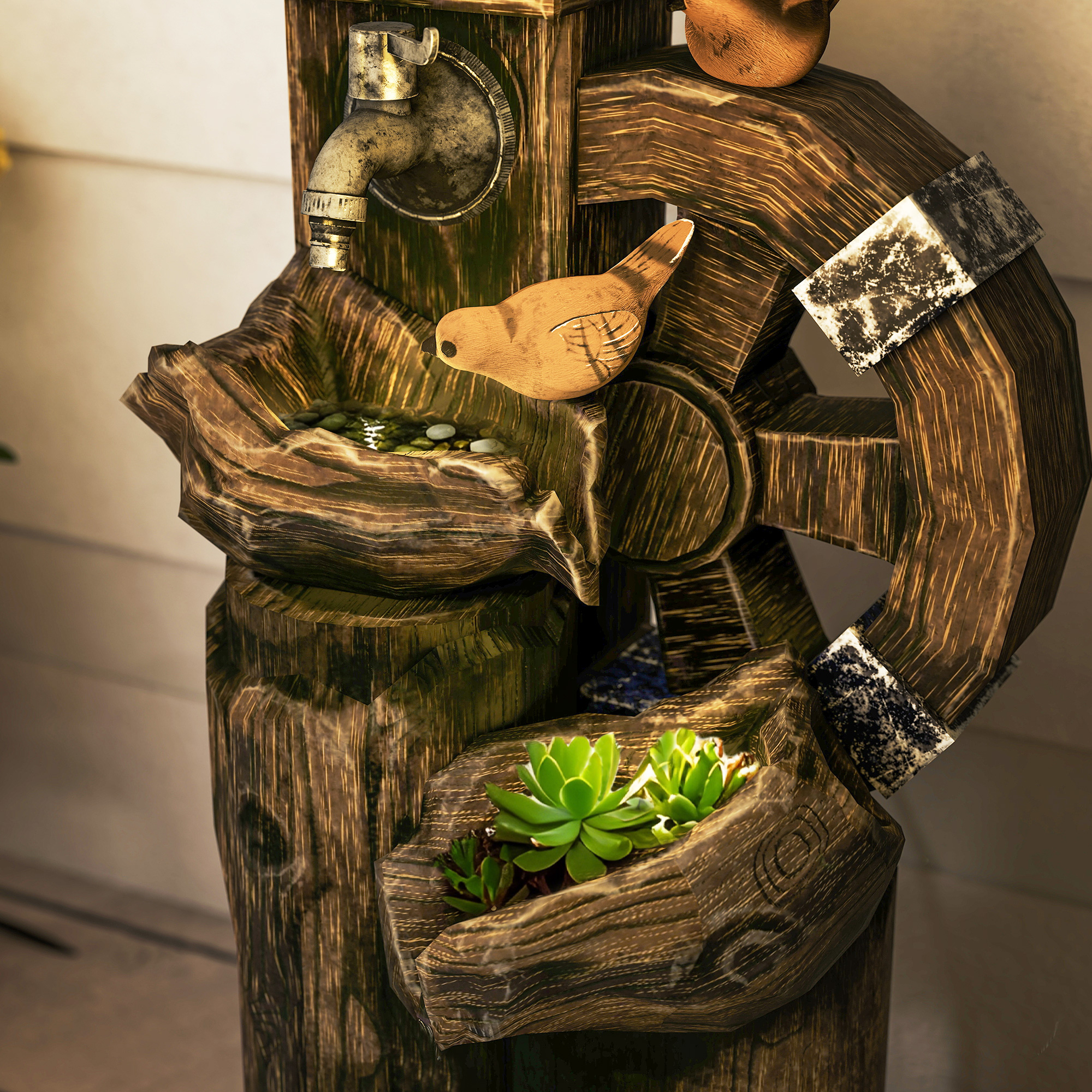 Una fuente de madera con grifo, decoración de pájaro y suculentas.