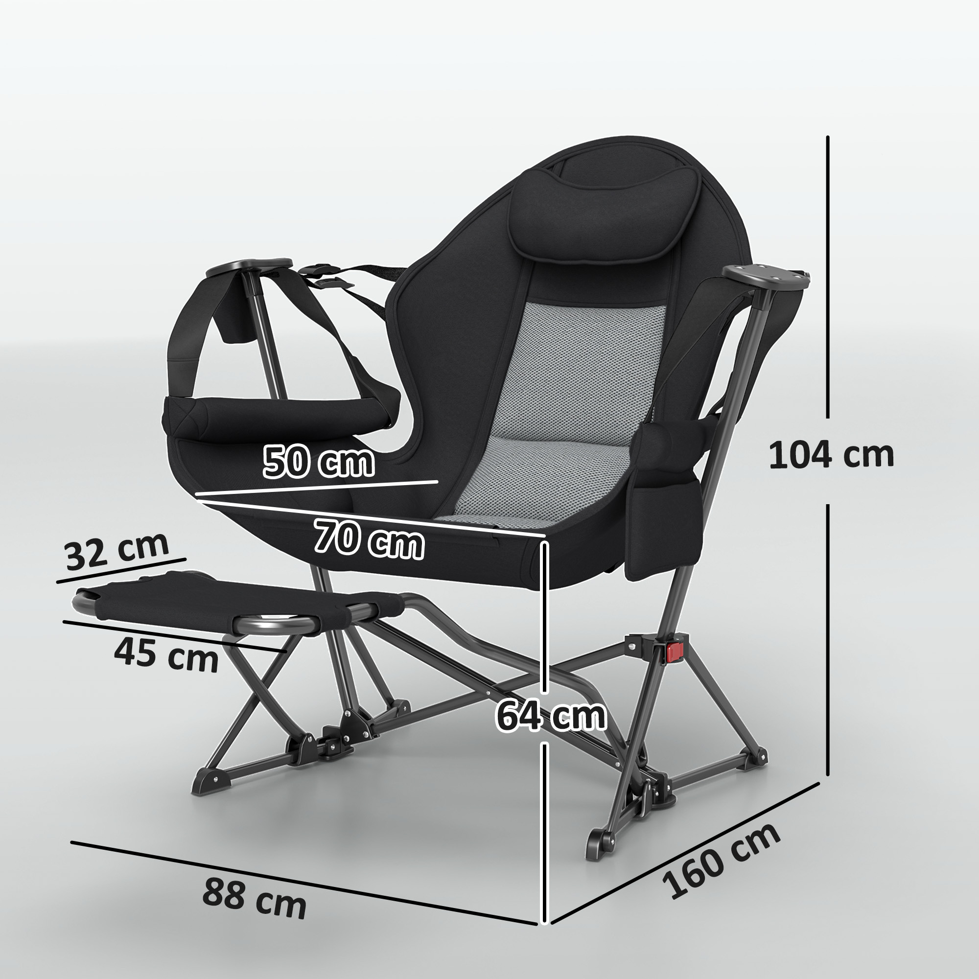 Silla plegable negra con reposapiés y medidas.