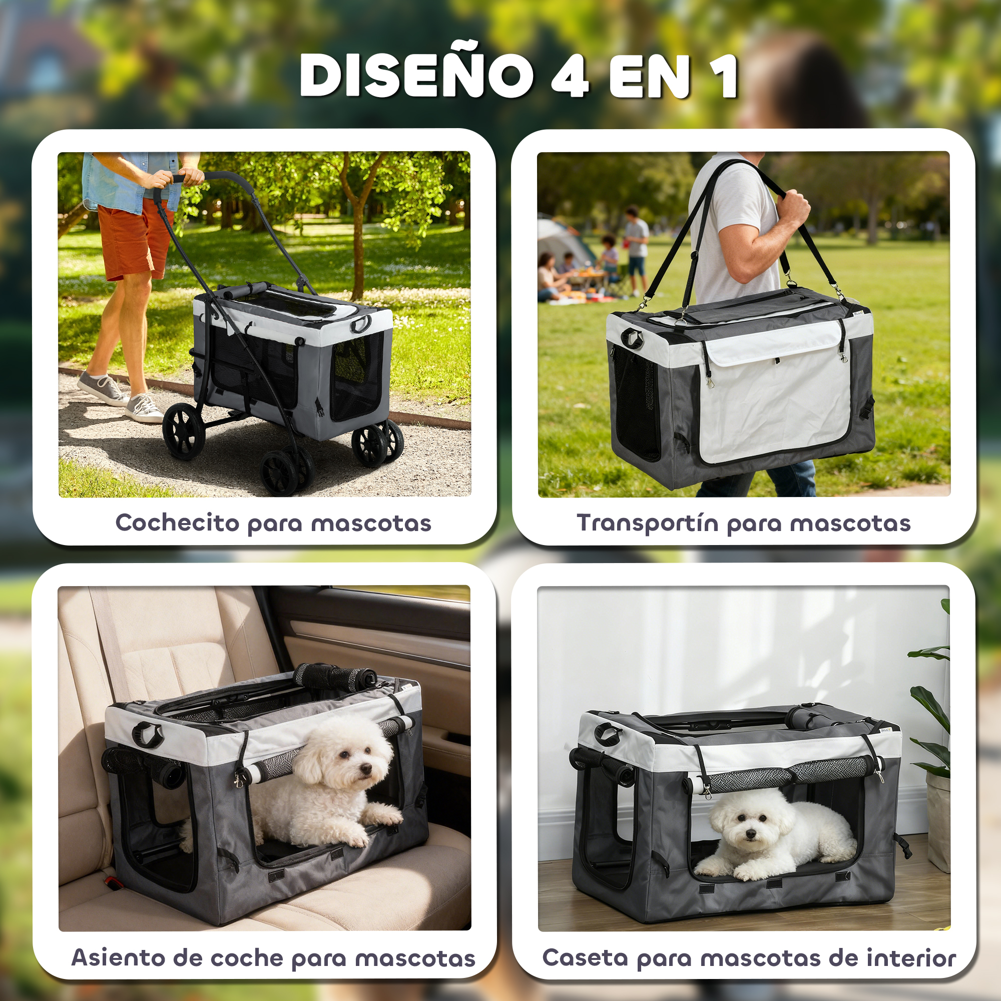 Hombre empujando un cochecito para mascotas. Transportín como bolso y asiento de coche. Perro.