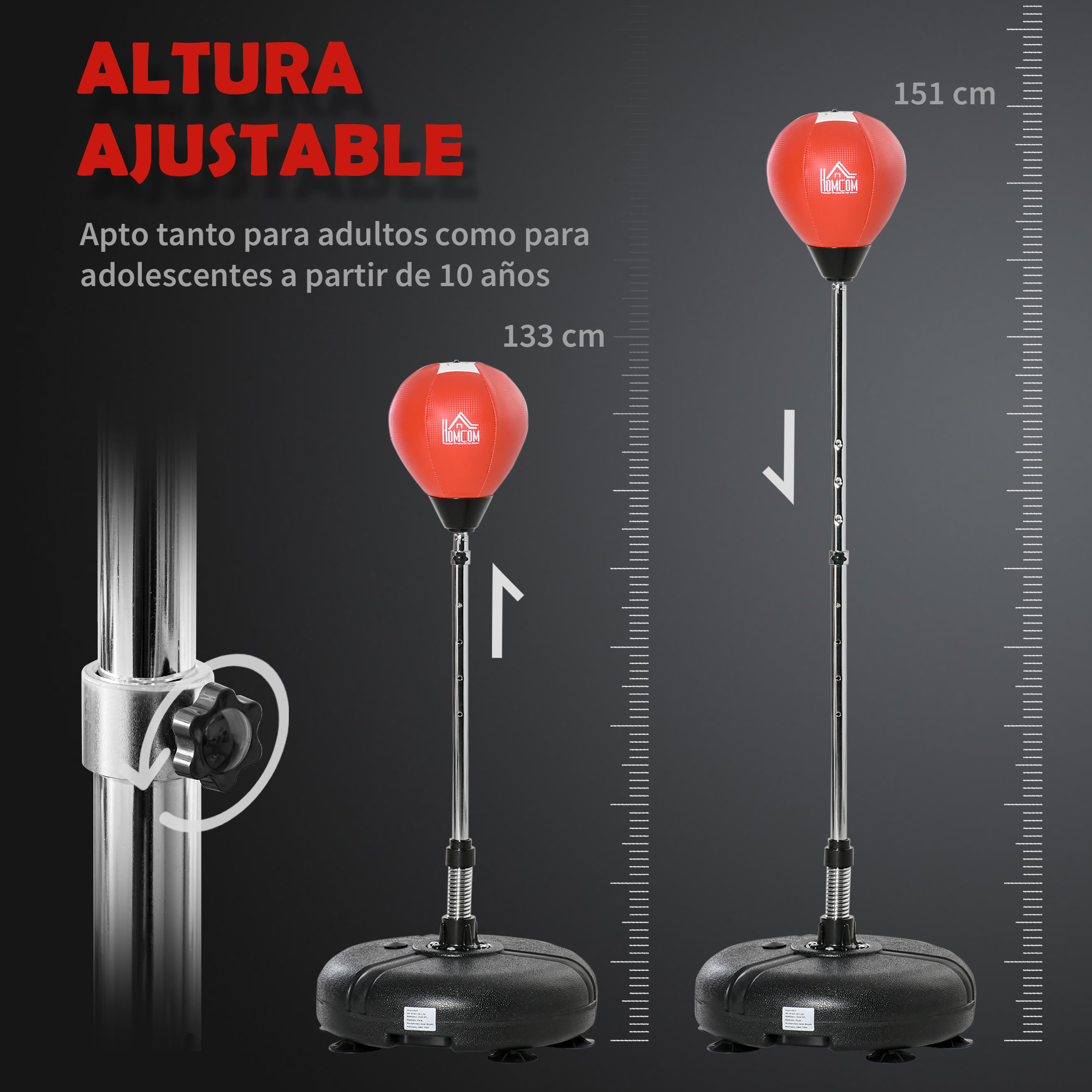 Saco de boxeo rojo sobre soporte ajustable con marcas de altura.