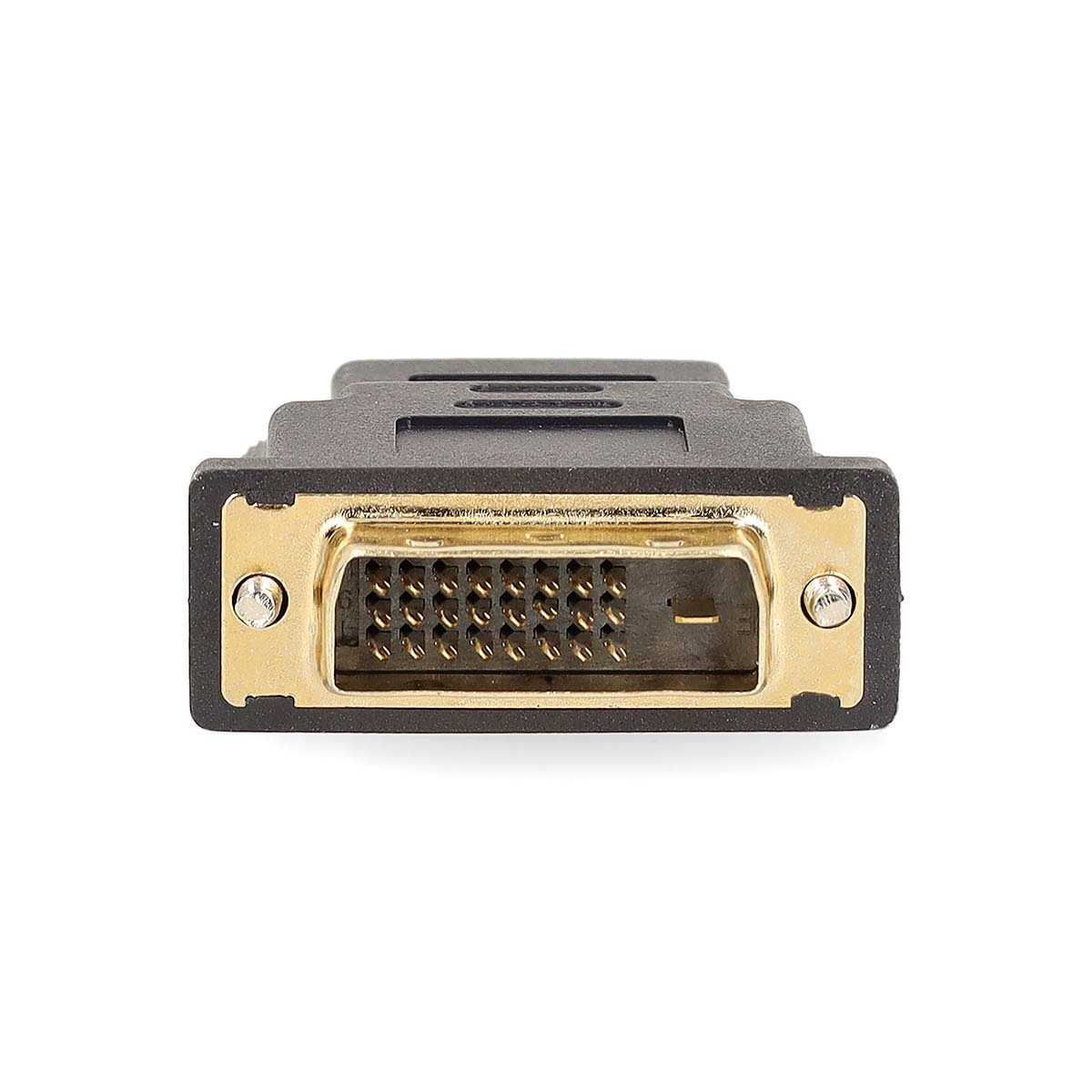 Un adattatore DVI a HDMI nero con contatti dorati.