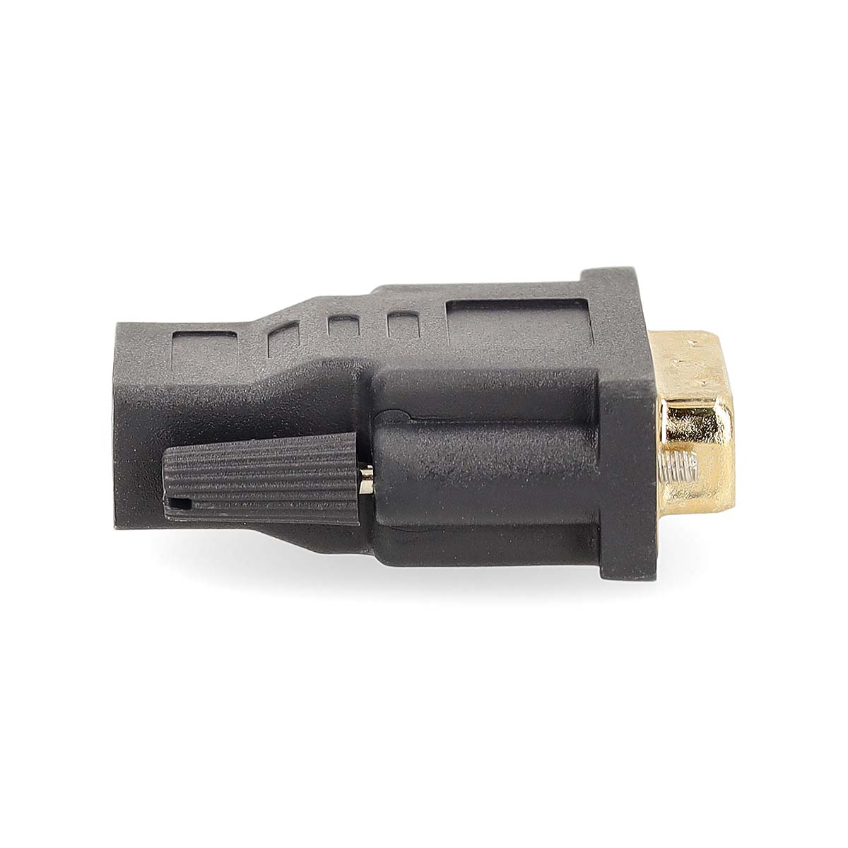Un adattatore VGA nero con connettori dorati e vite zigrinata.