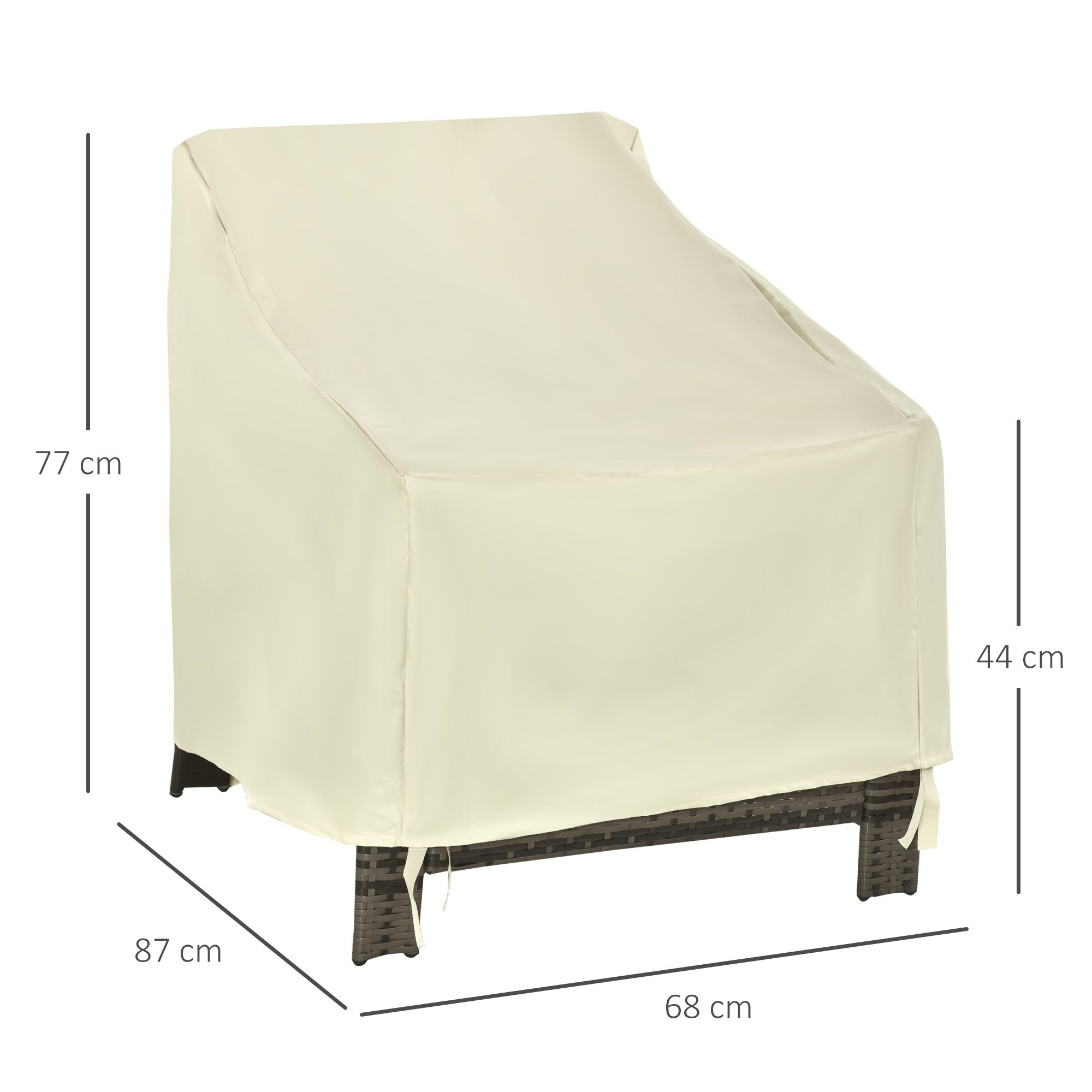 Una funda color crema protege una silla de ratán oscura. Se muestran las dimensiones.