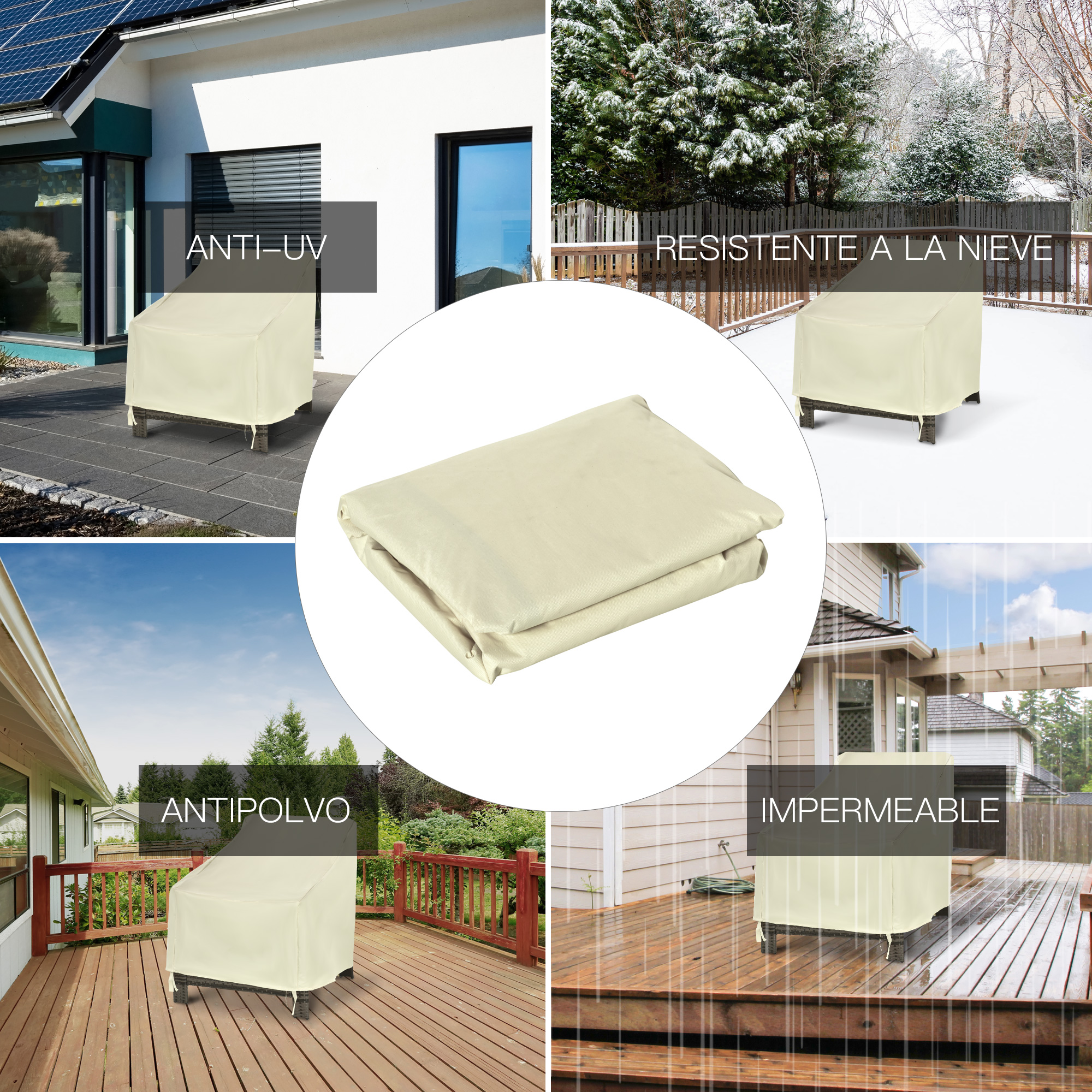 Funda para muebles de exterior que protege contra rayos UV, nieve, polvo y lluvia.