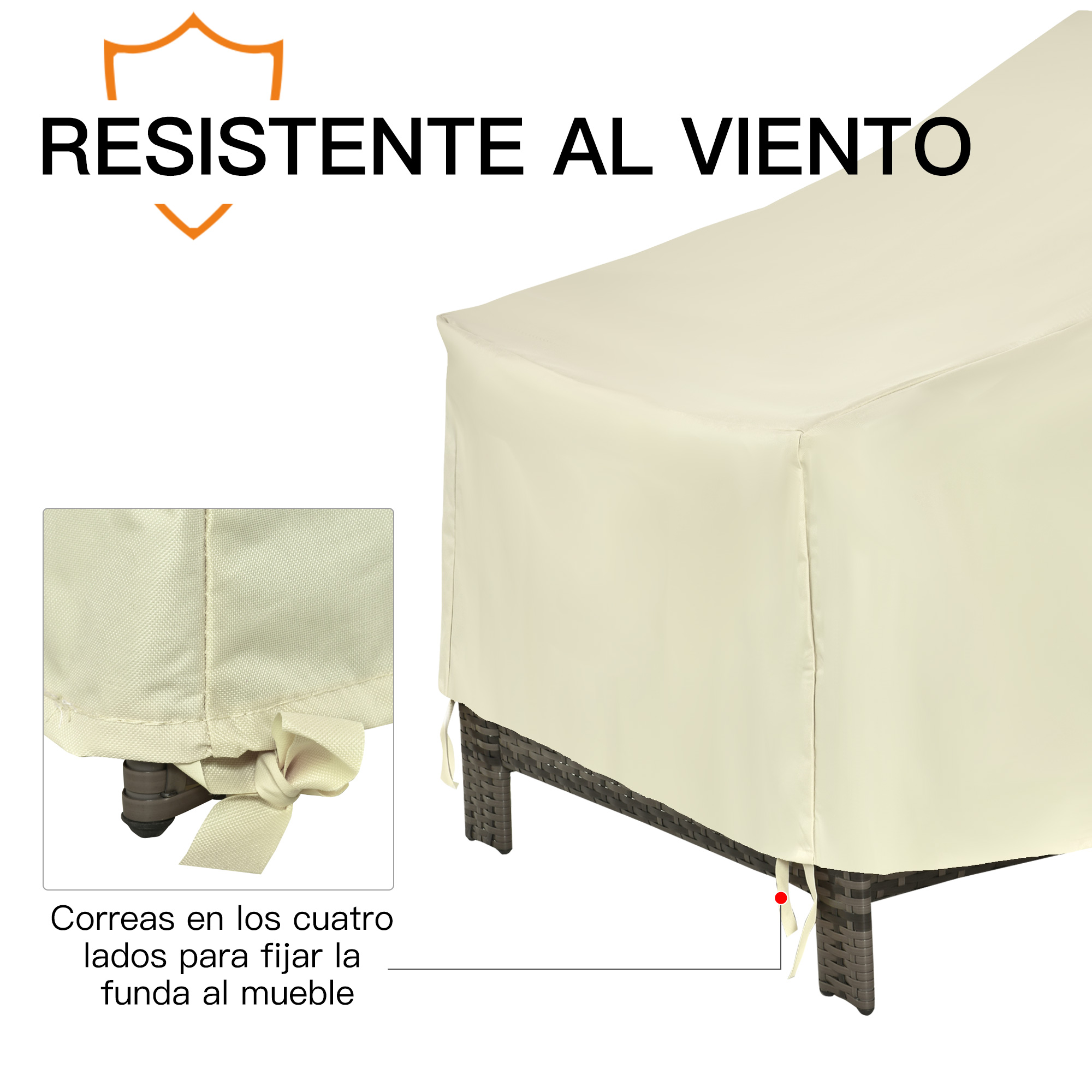 Funda color crema sobre mueble de ratán oscuro, con correas para sujetar.