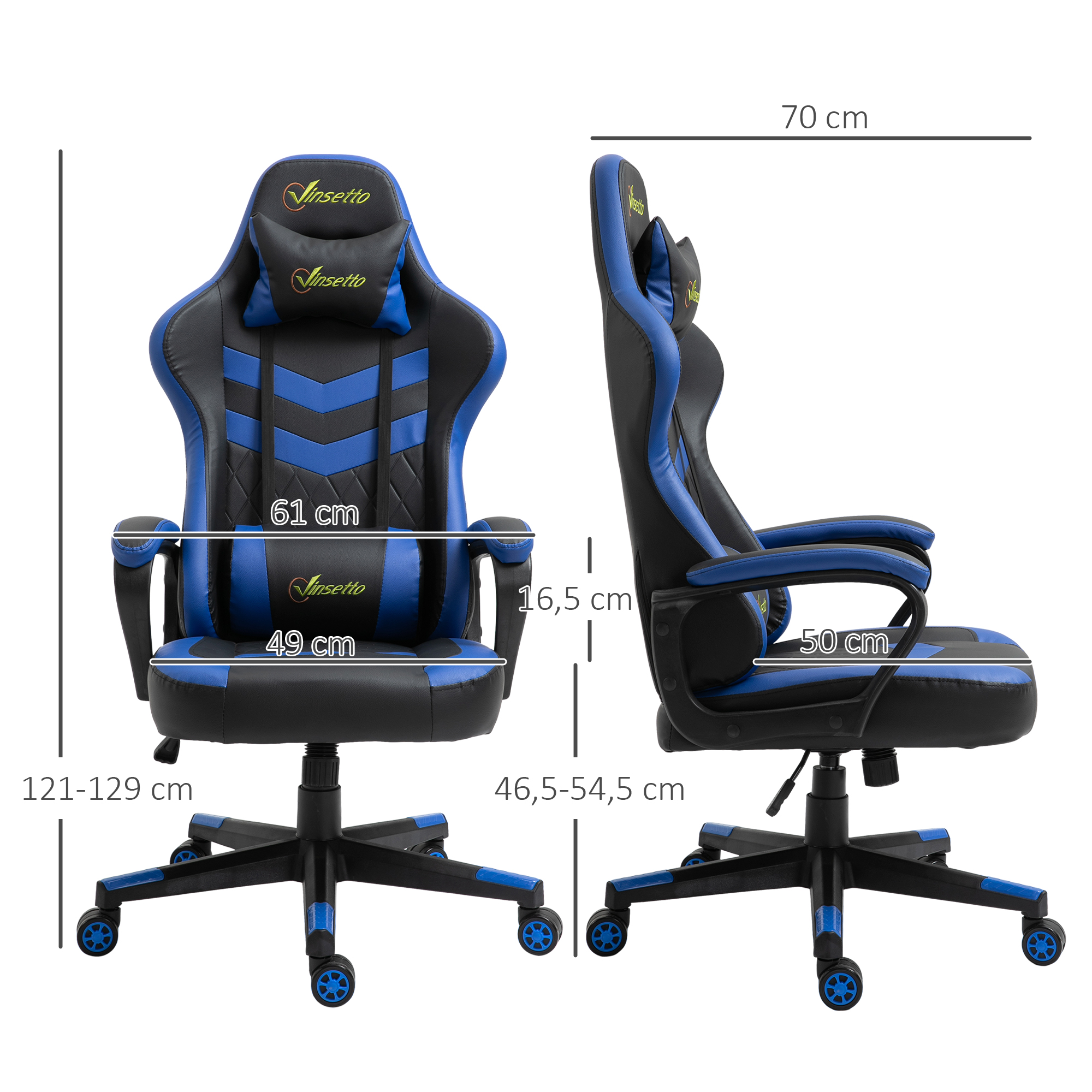 Silla gamer negra y azul con medidas y logo de 'Vinsetto'.