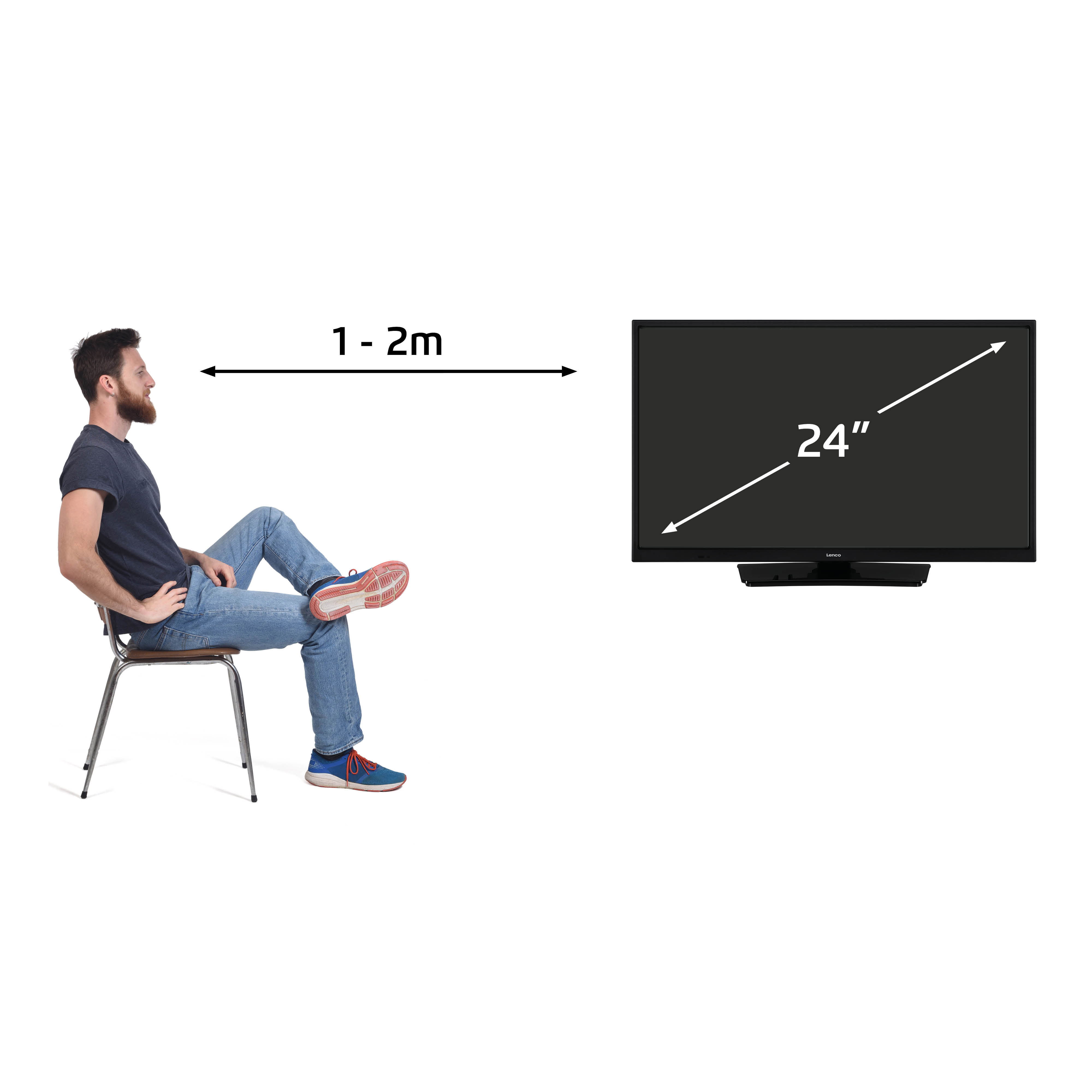 Man zit op stoel, 1-2m afstand van 24-inch tv.