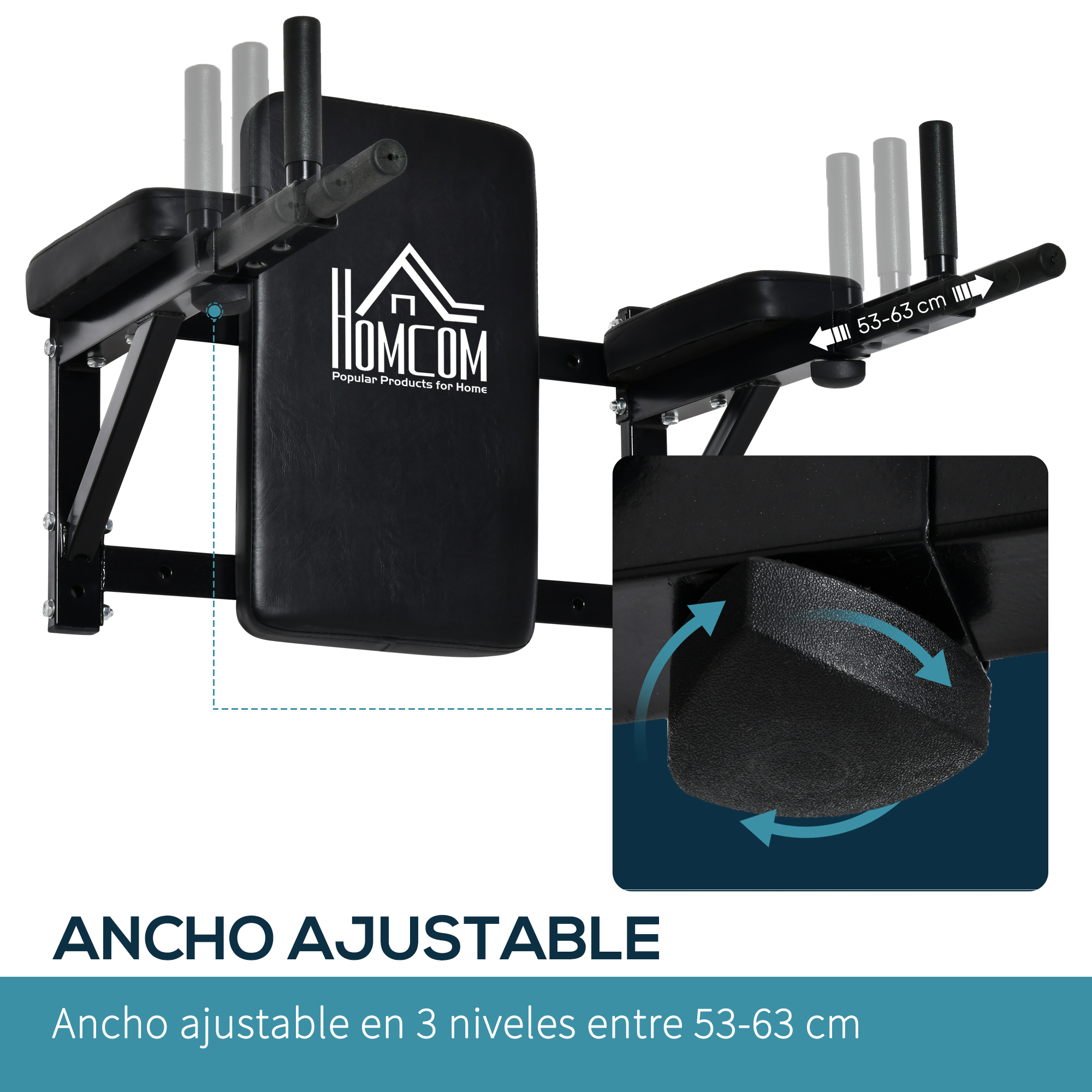 Estación de entrenamiento negra con agarres y acolchado, ancho ajustable.