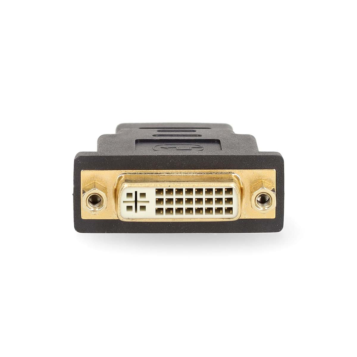 Un adattatore da DVI a HDMI con connettori dorati e viti.