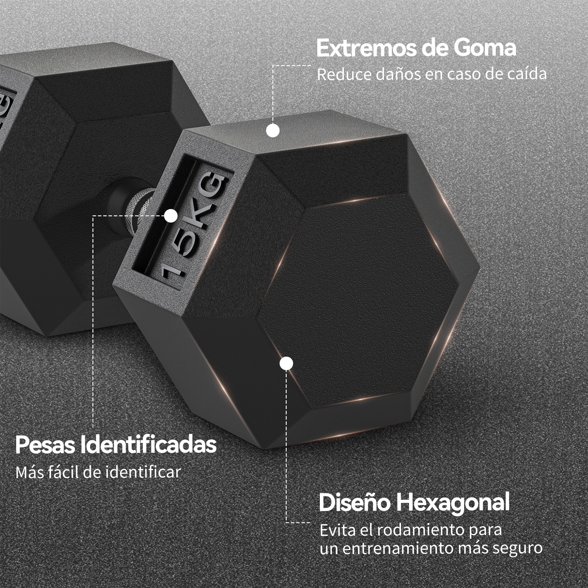 Dos mancuernas negras de 15kg sobre una superficie gris texturizada.