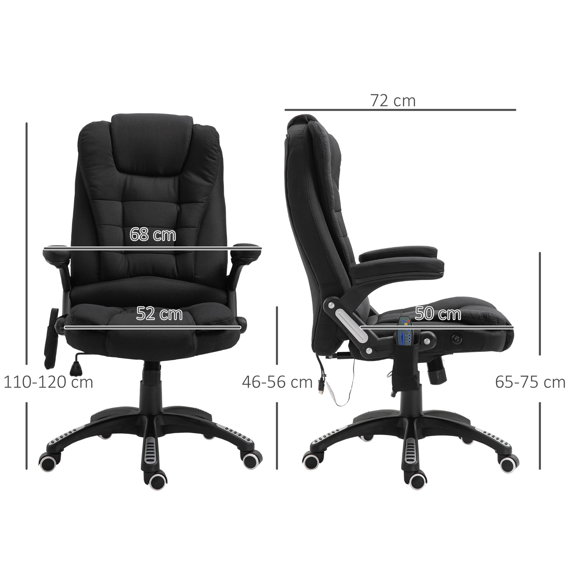 Sedia da ufficio nera con dimensioni: altezza 110-120 cm, larghezza 72 cm, profondità seduta 50 cm.