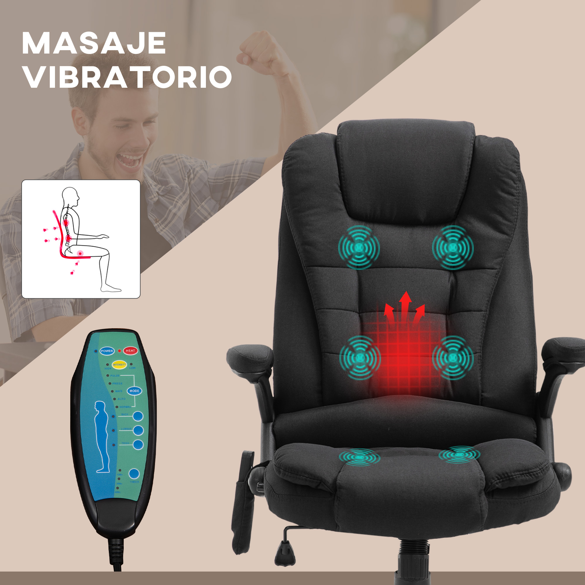 Sillón de masaje negro con mando a distancia y diagrama de zonas de masaje.