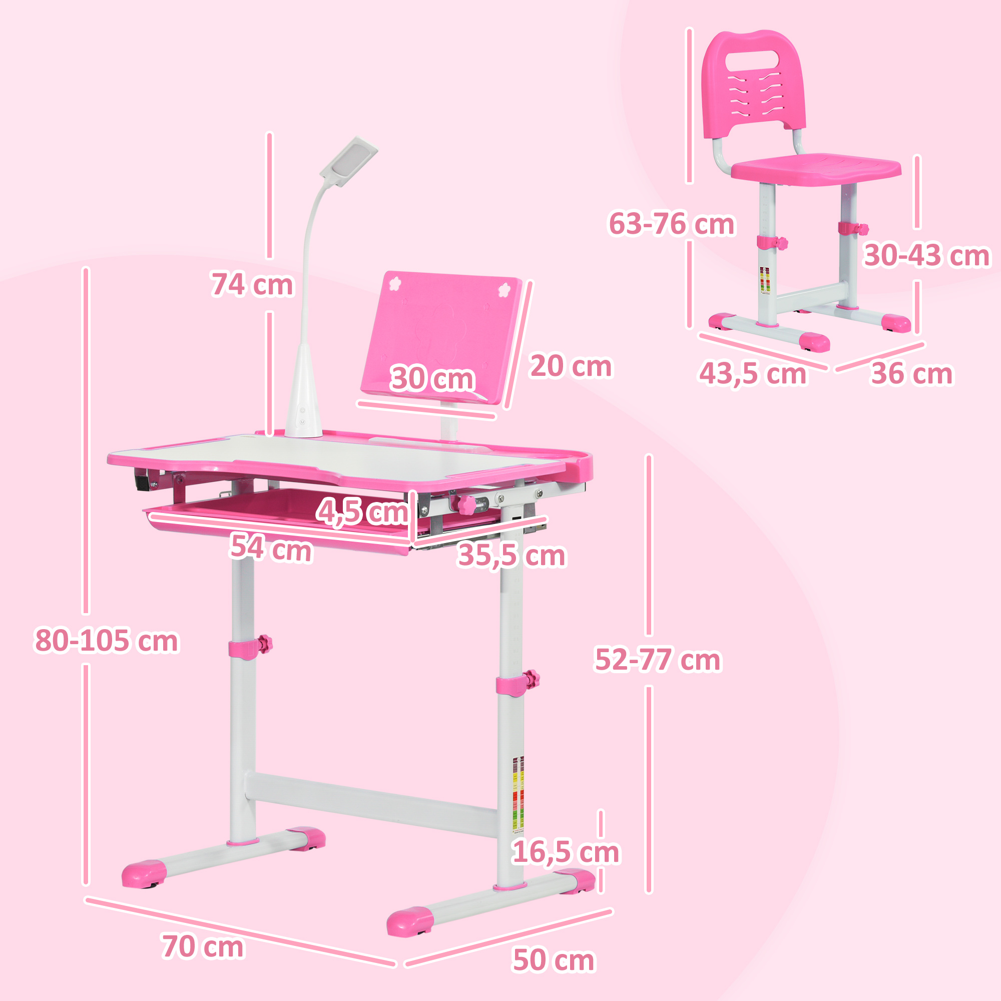 Un escritorio y silla rosas con dimensiones.