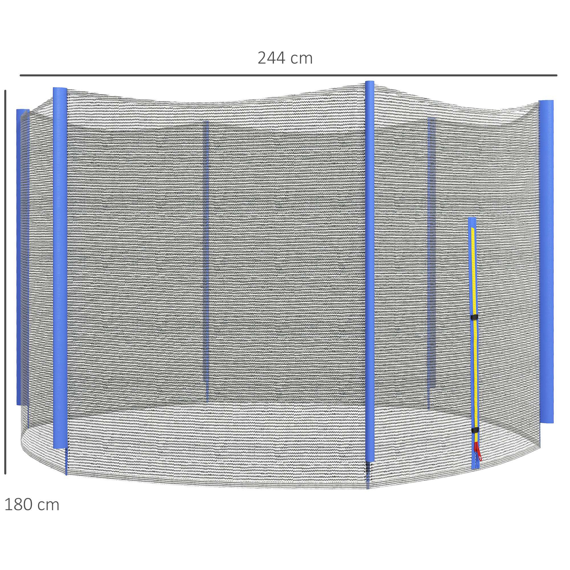 Una cama elástica con postes azules y red de seguridad. Dimensiones: 244 cm diámetro, 180 cm altura.