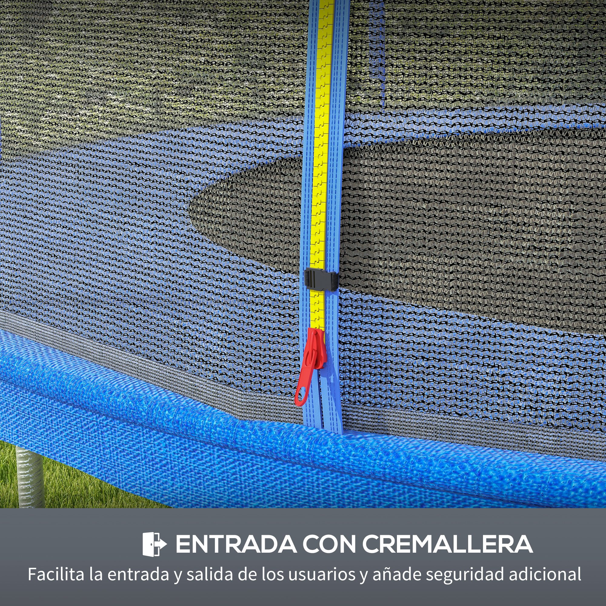 Trampolín con entrada de cremallera, azul y amarillo. Al aire libre en césped.