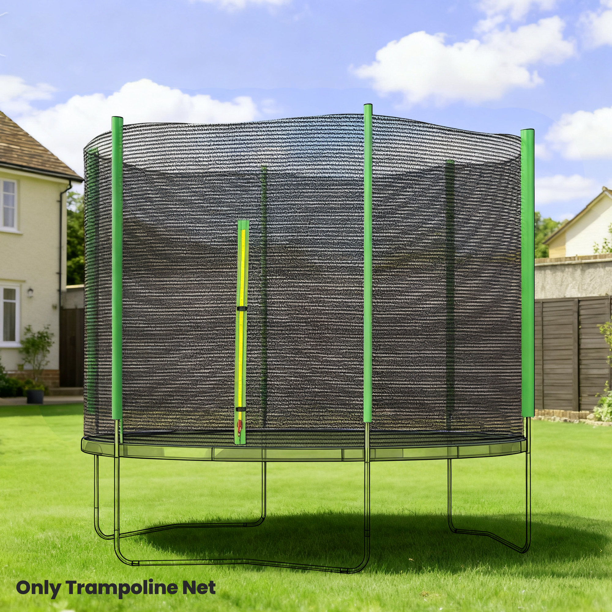 Un trampolín con red de seguridad negra y postes verdes sobre césped verde.