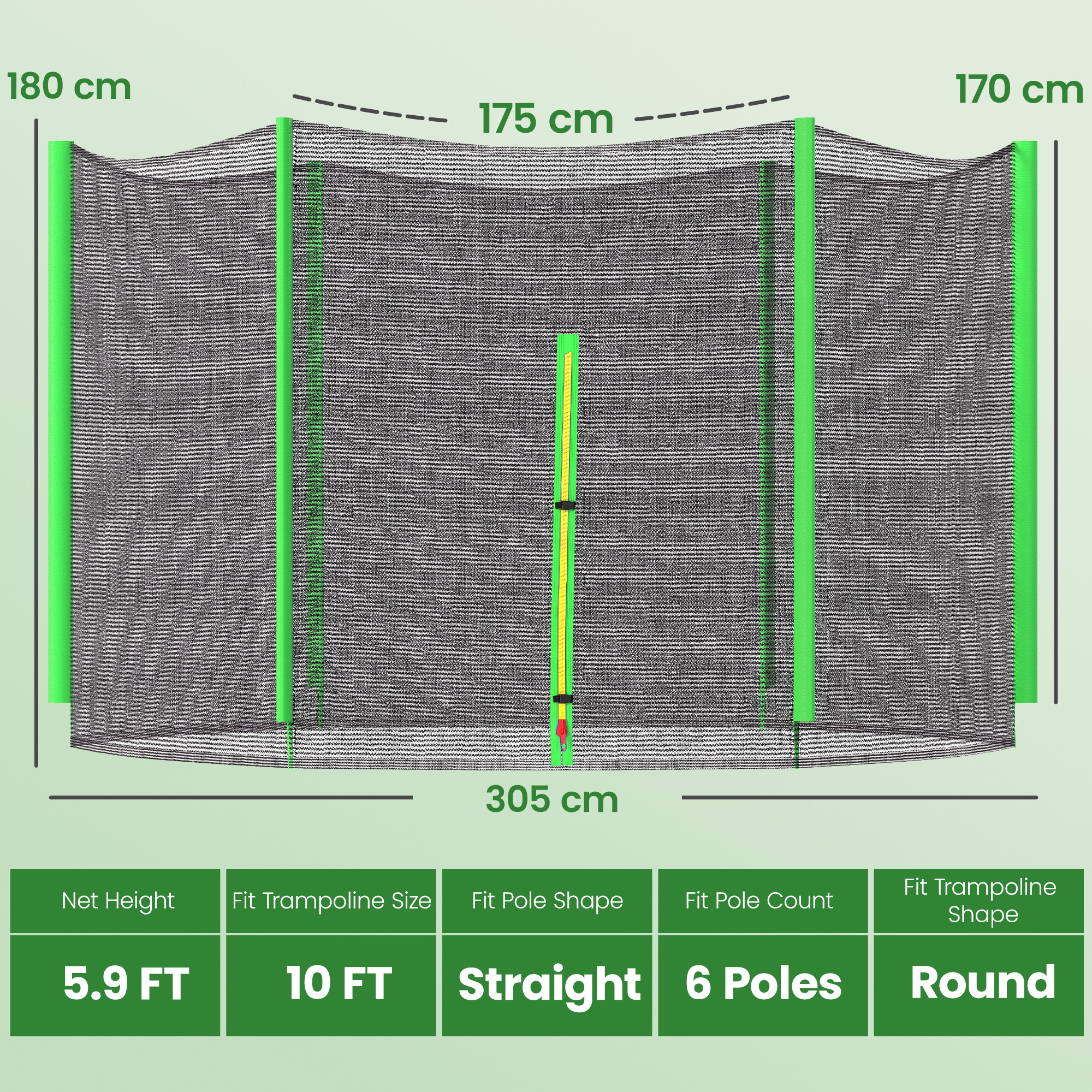 Especificaciones red seguridad trampolín: 1,8m altura, 3m tamaño, postes rectos, 6 postes, forma redonda.