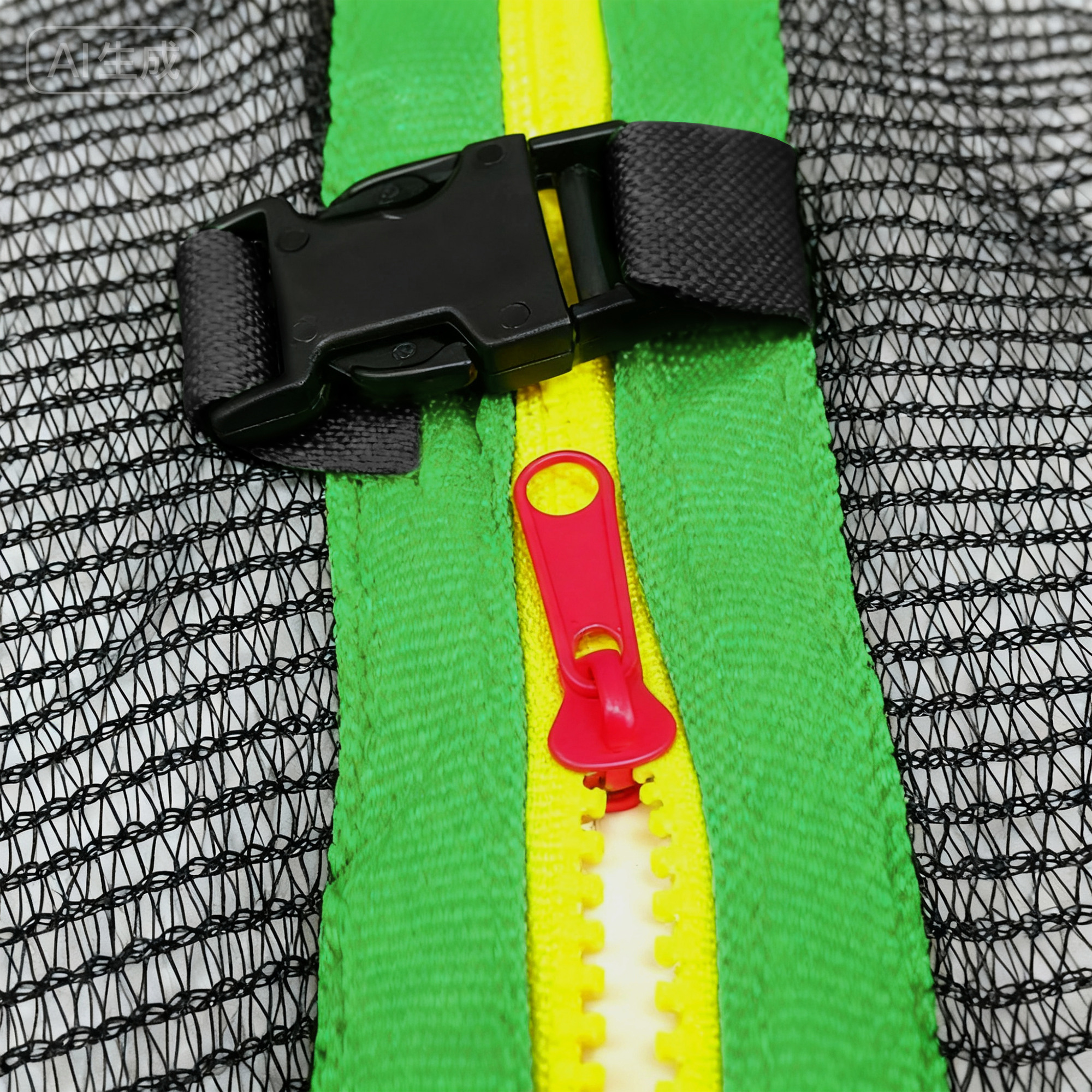 Hebilla negra sobre cremallera verde con tirador rojo y malla negra.
