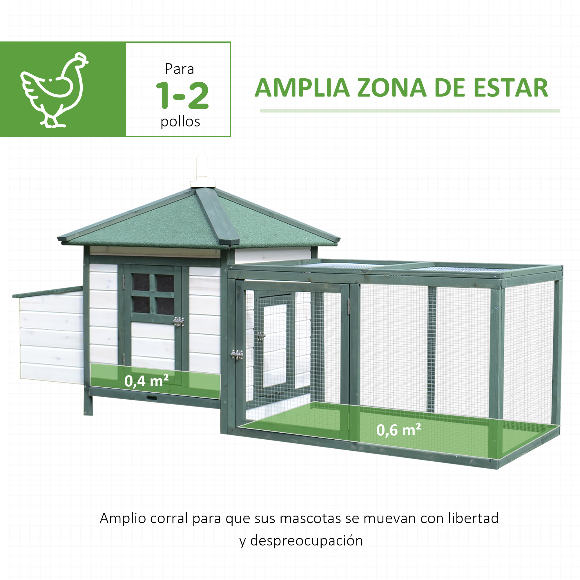Un gallinero con un recinto para 1-2 pollos, con áreas de 0,4 m² y 0,6 m².