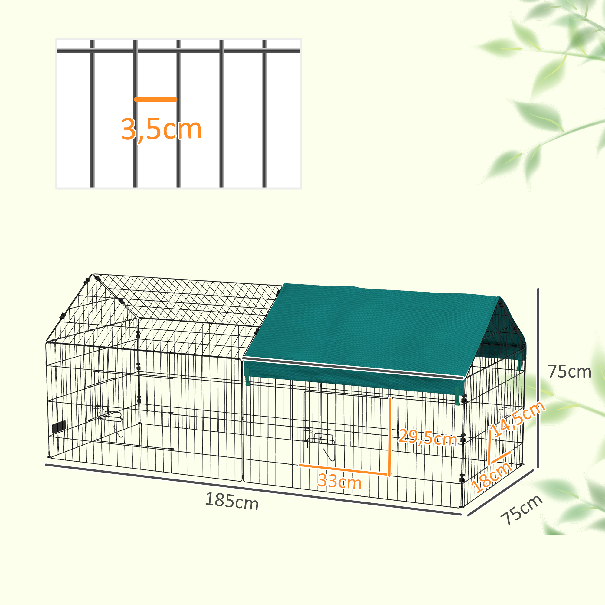 Una jaula de alambre negra para animales pequeños con toldo verde y medidas.