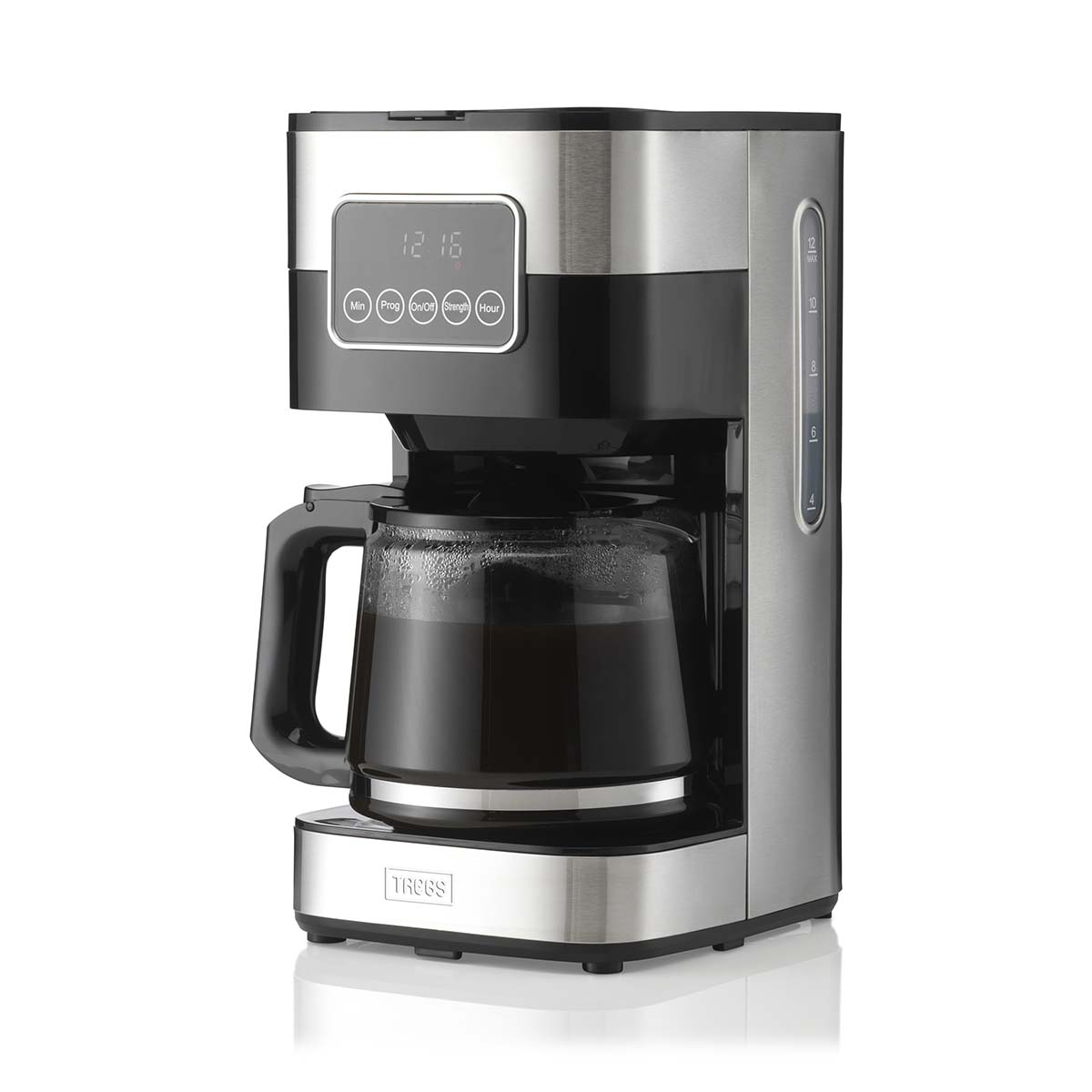Eine silberne und schwarze Kaffeemaschine mit Glaskrug, gefüllt mit Kaffee.