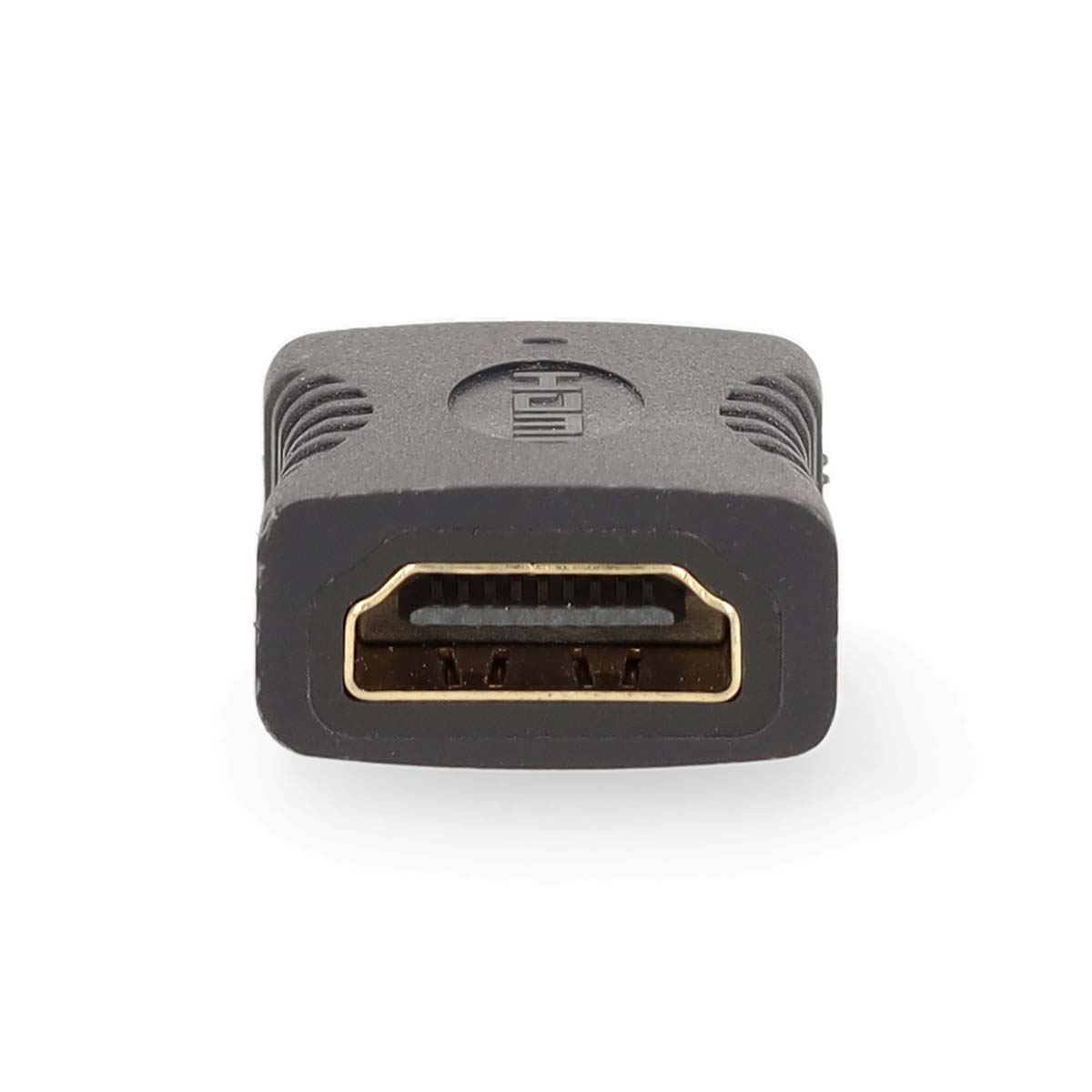 Un adaptateur HDMI noir avec contacts dorés, isolé sur blanc.