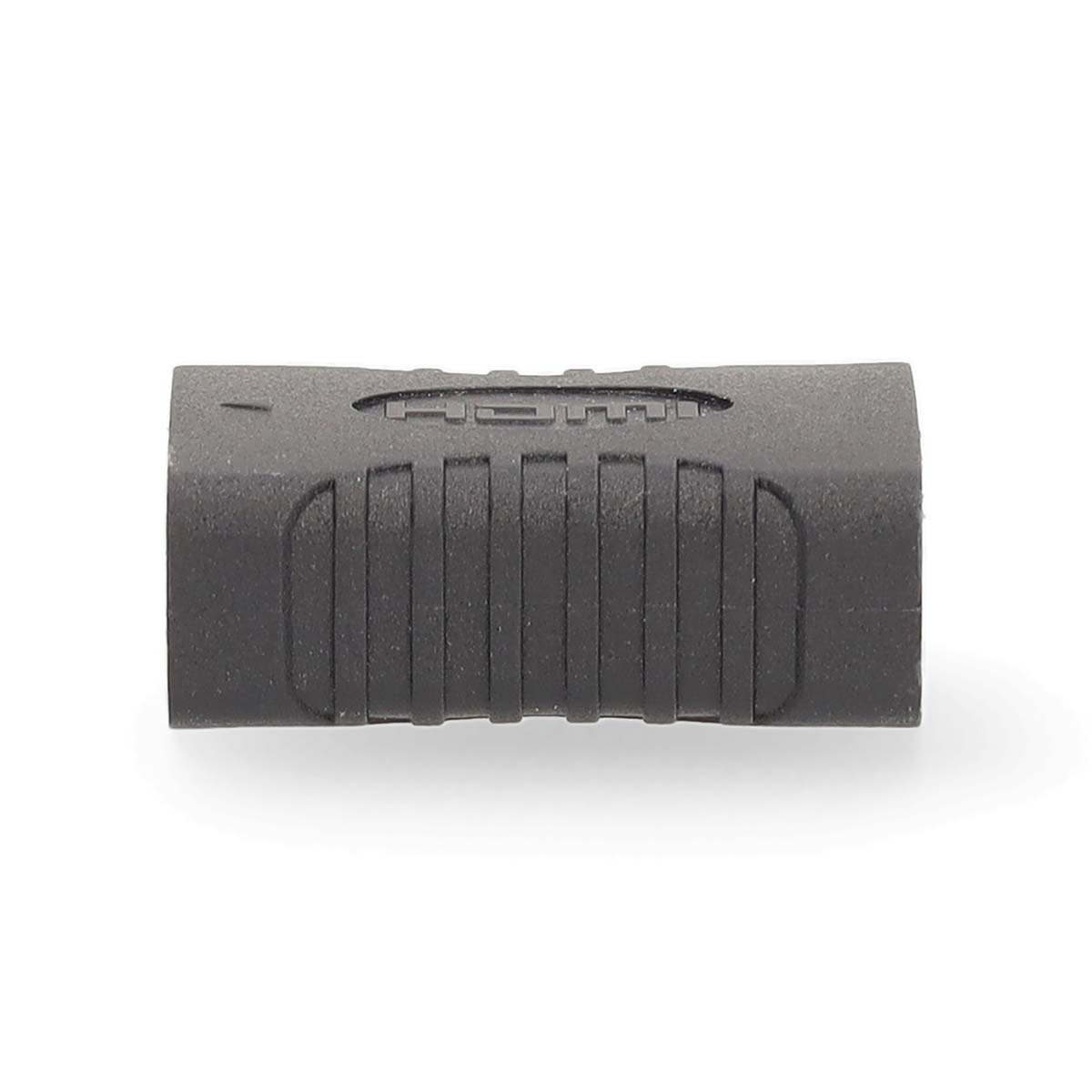 Un adaptateur de câble HDMI noir avec poignées côtelées et un logo.