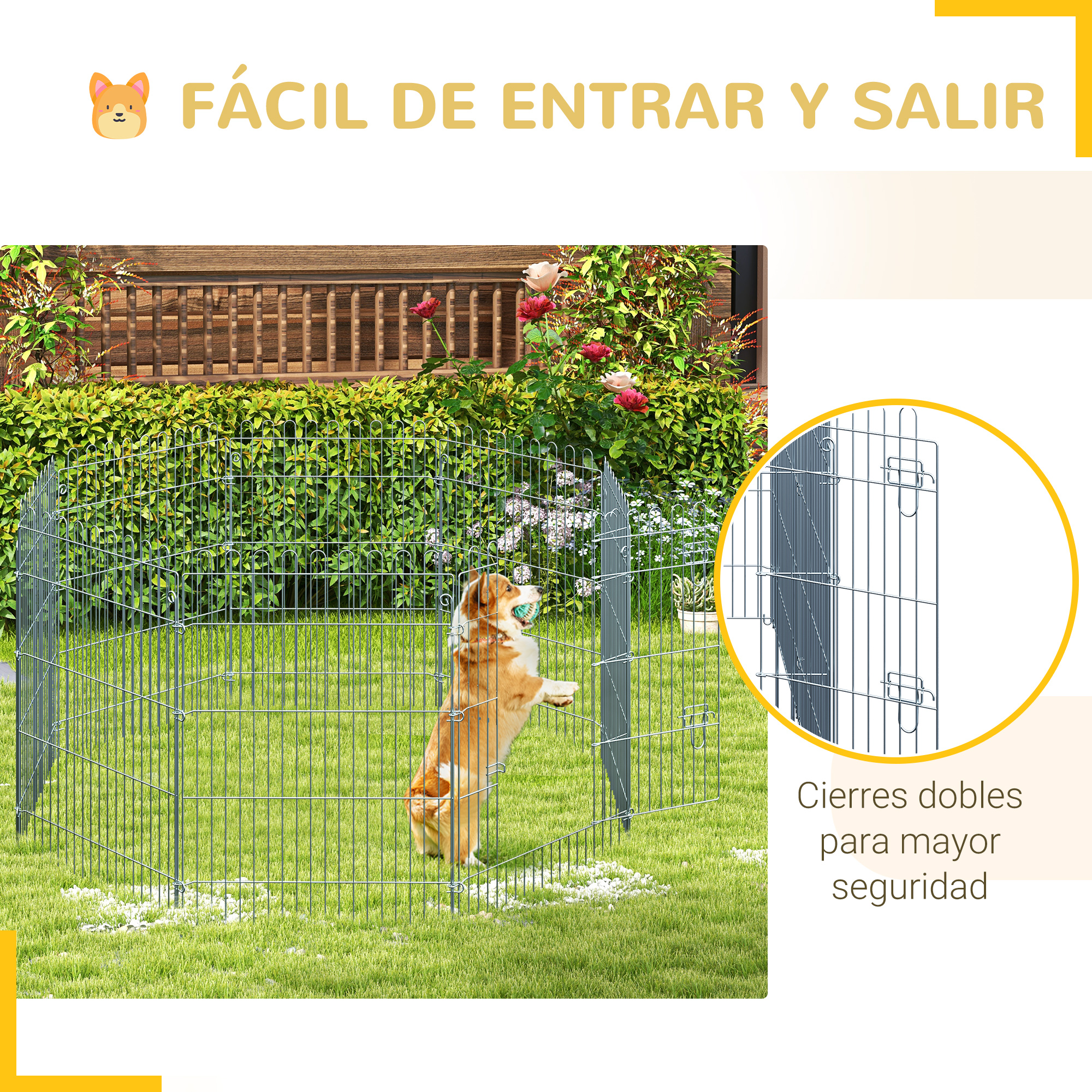 Un perro se para sobre sus patas traseras jugando con una pelota en un corral de alambre.