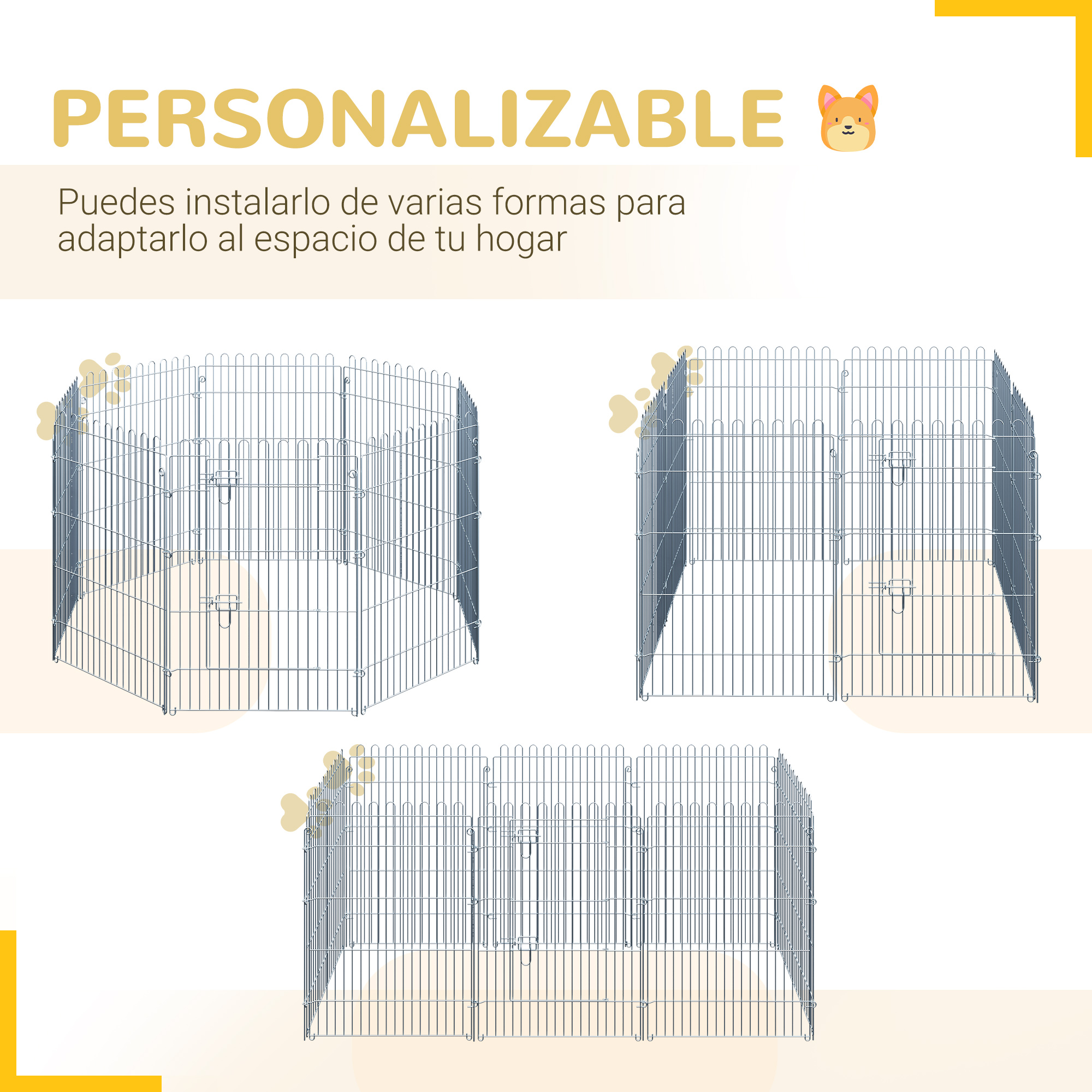 Tres configuraciones diferentes de un recinto metálico plateado para mascotas.