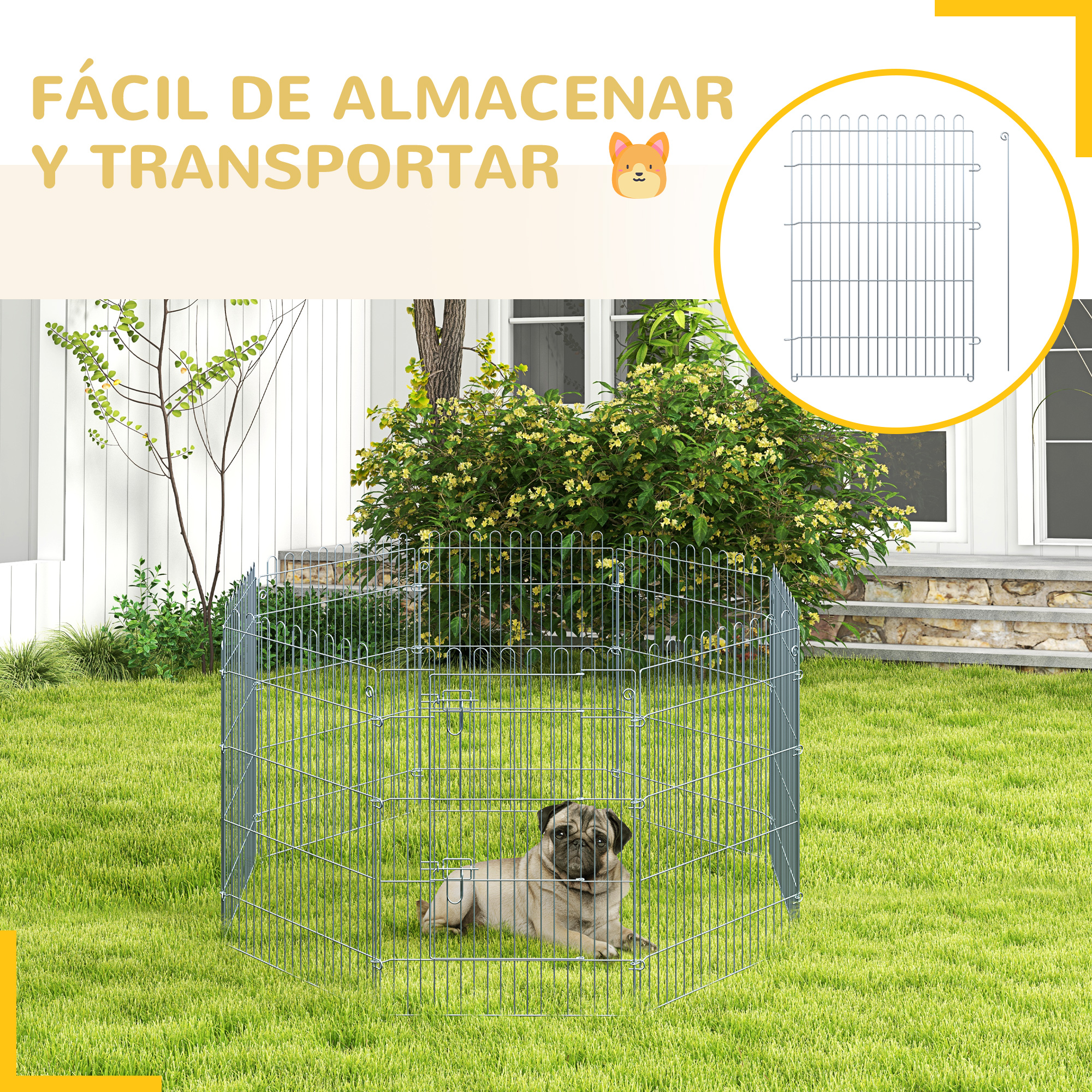 Un pug yace dentro de una valla de alambre hexagonal en el césped.