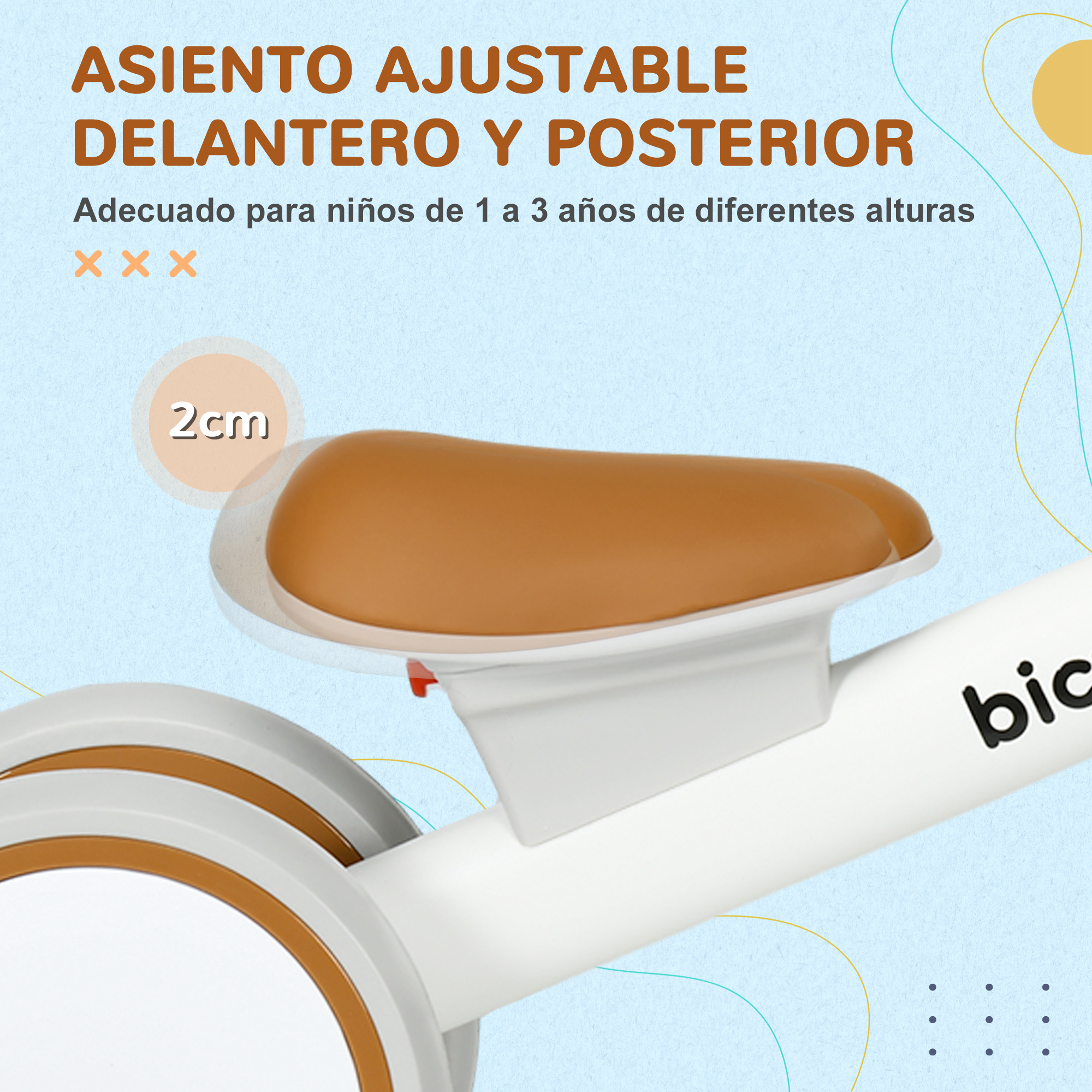 Asiento ajustable, 2cm, para niños de 1-3 años.