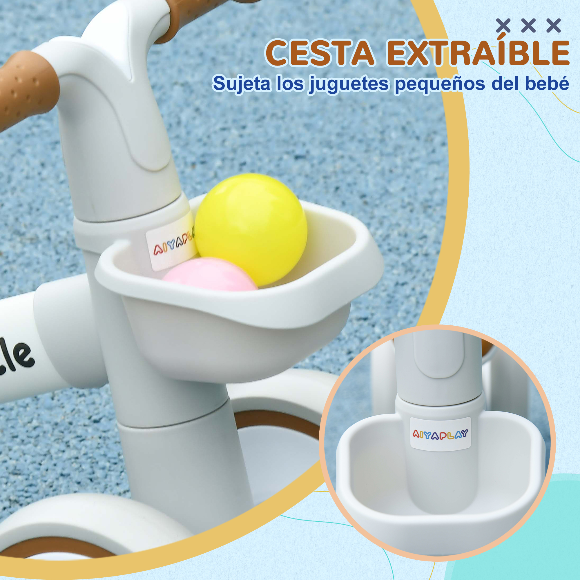 Un triciclo blanco con una cesta con pelotas amarillas y rosas.