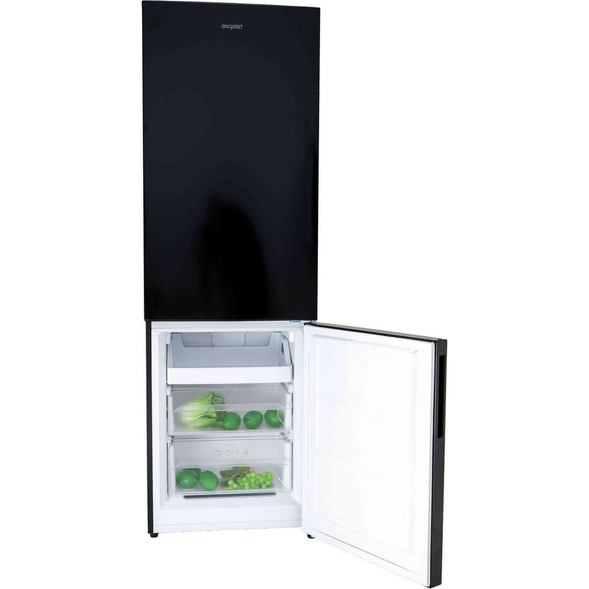 A black refrigerator with its door open, showing produce inside.