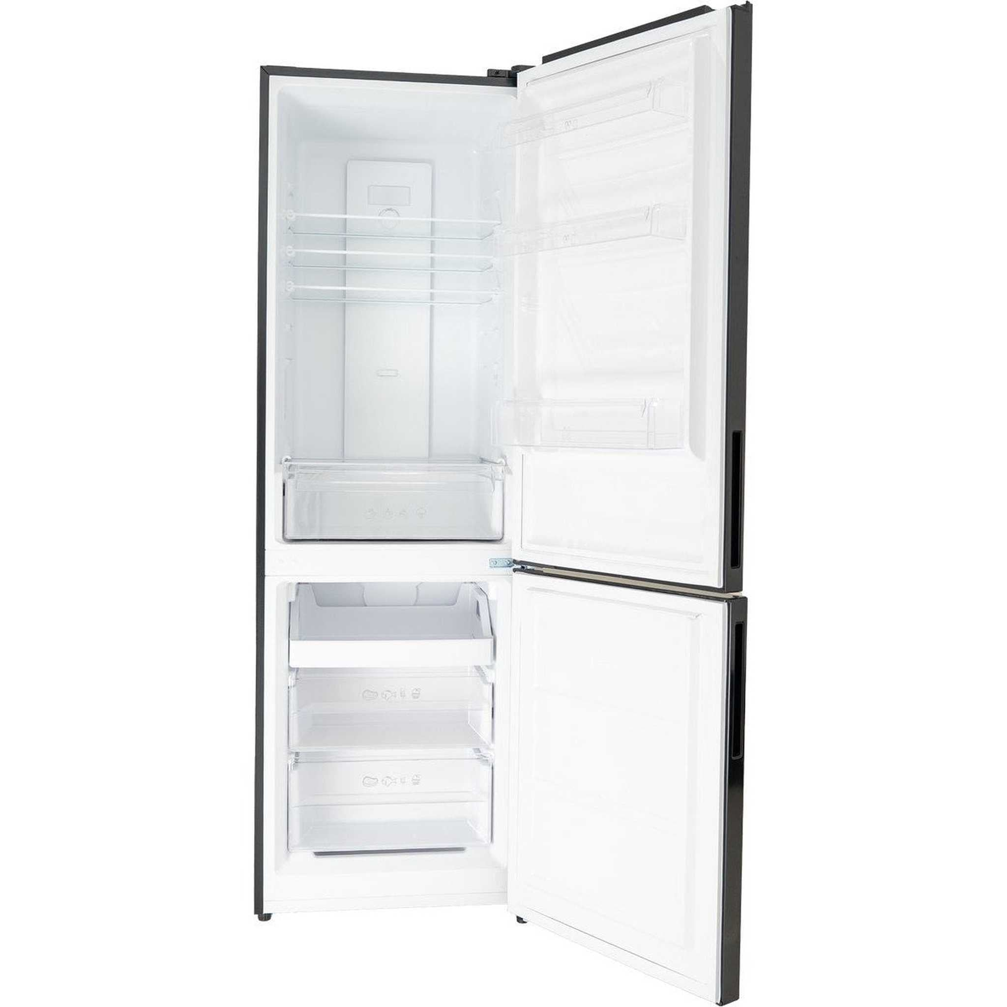 An empty, open refrigerator with glass shelves and drawers.