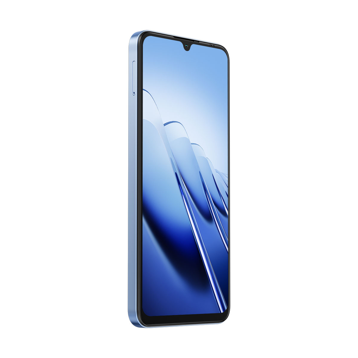 Ein hellblaues Smartphone mit einem tropfenförmigen Ausschnitt auf dem Bildschirm.