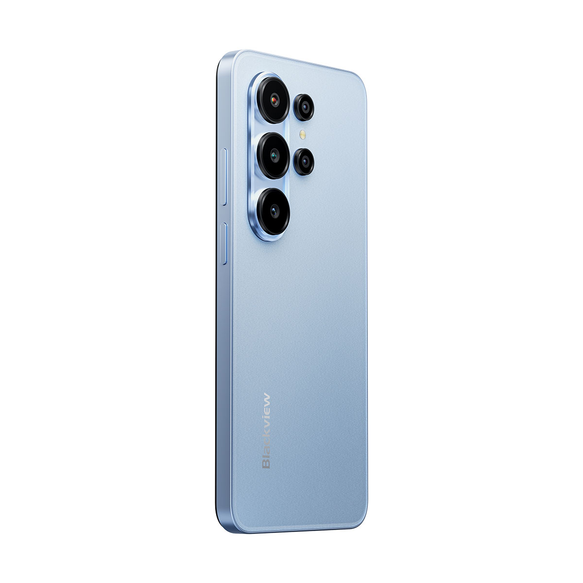 Ein hellblaues Smartphone mit vier Kameras auf der Rückseite.